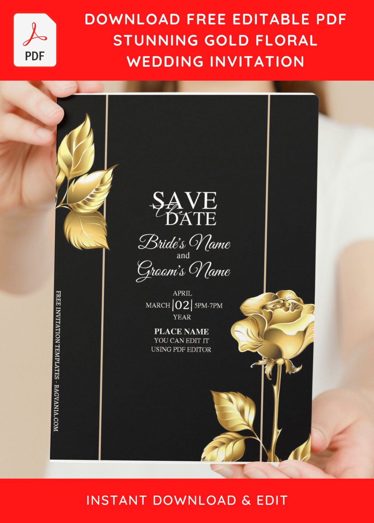(Free Editable PDF) Splendid Black And Gold Floral Wedding Invitation Templates
