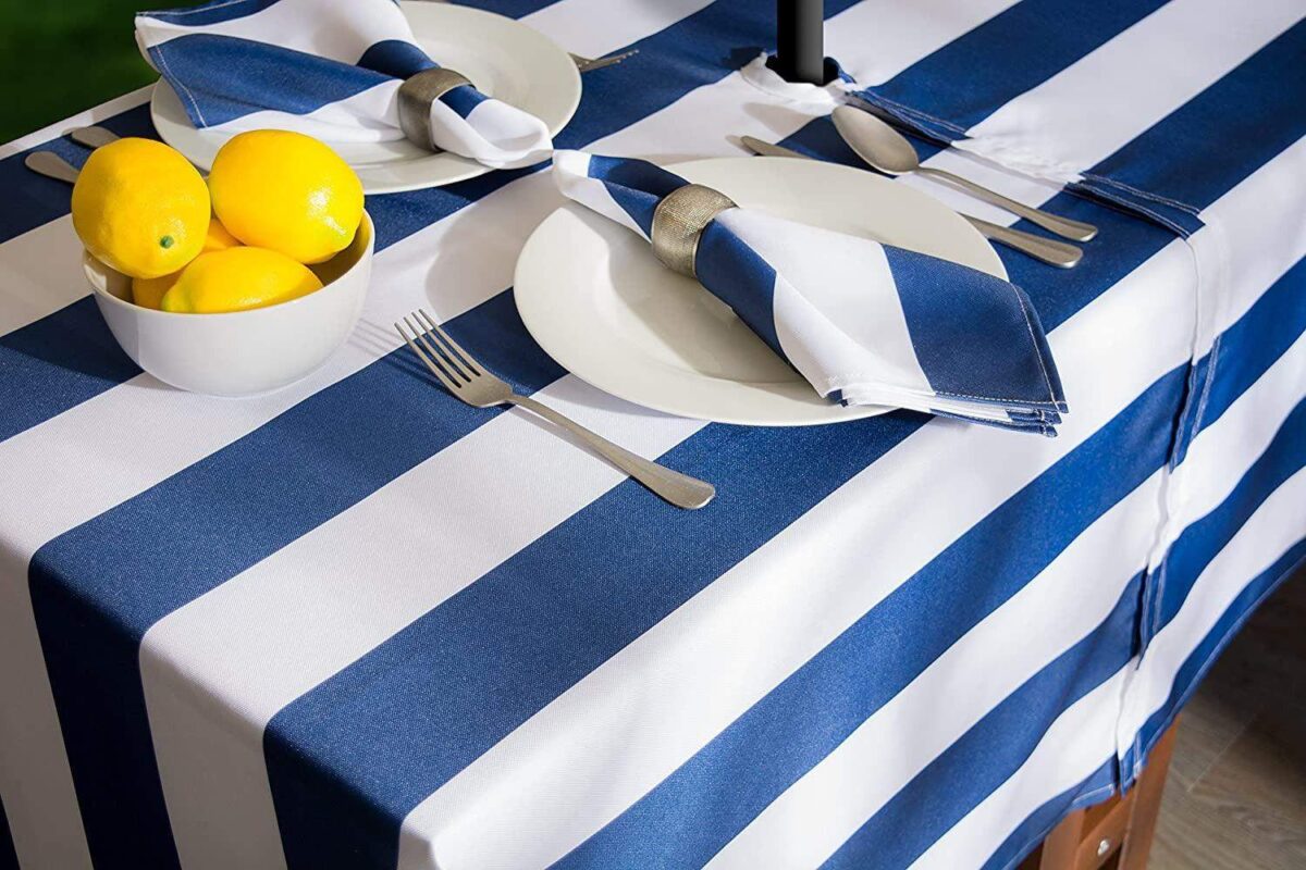 Blue and white stripe tablecloth