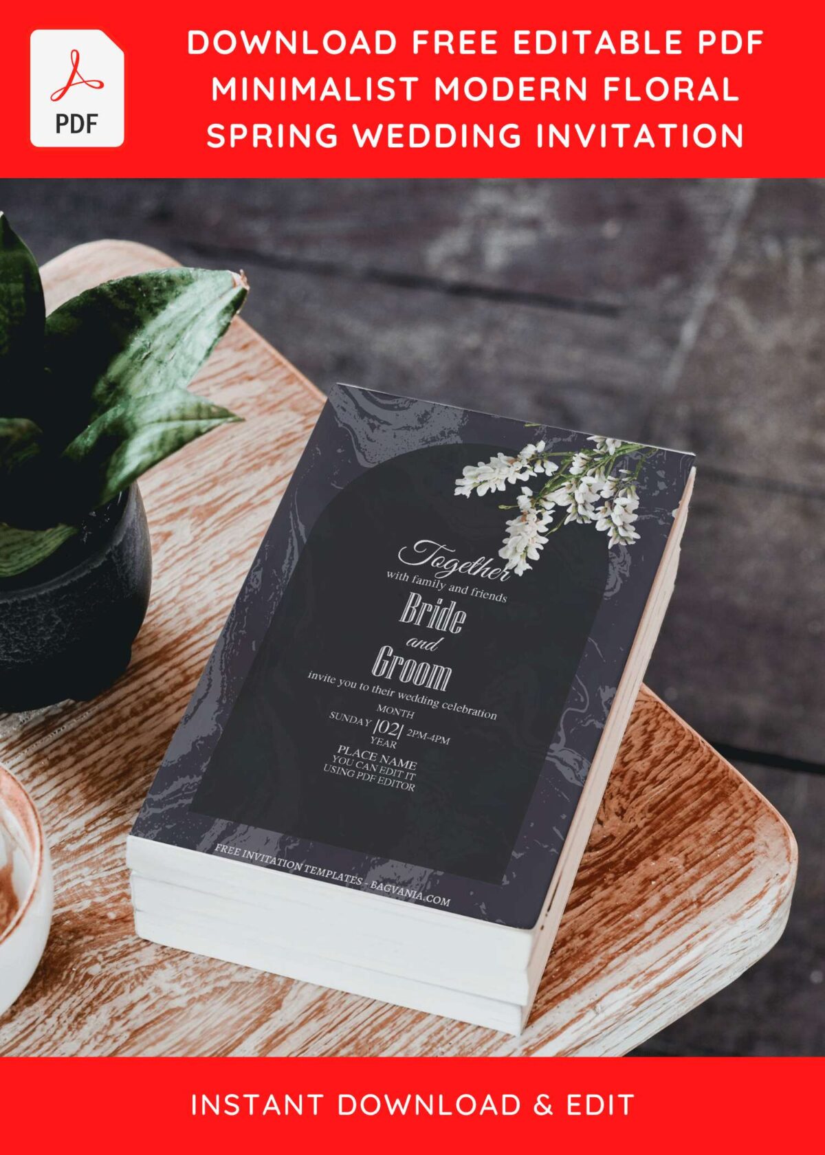 (Free Editable PDF) Luxury Black Marble Floral Wedding Invitation Templates with enchanting Cherry Blossom