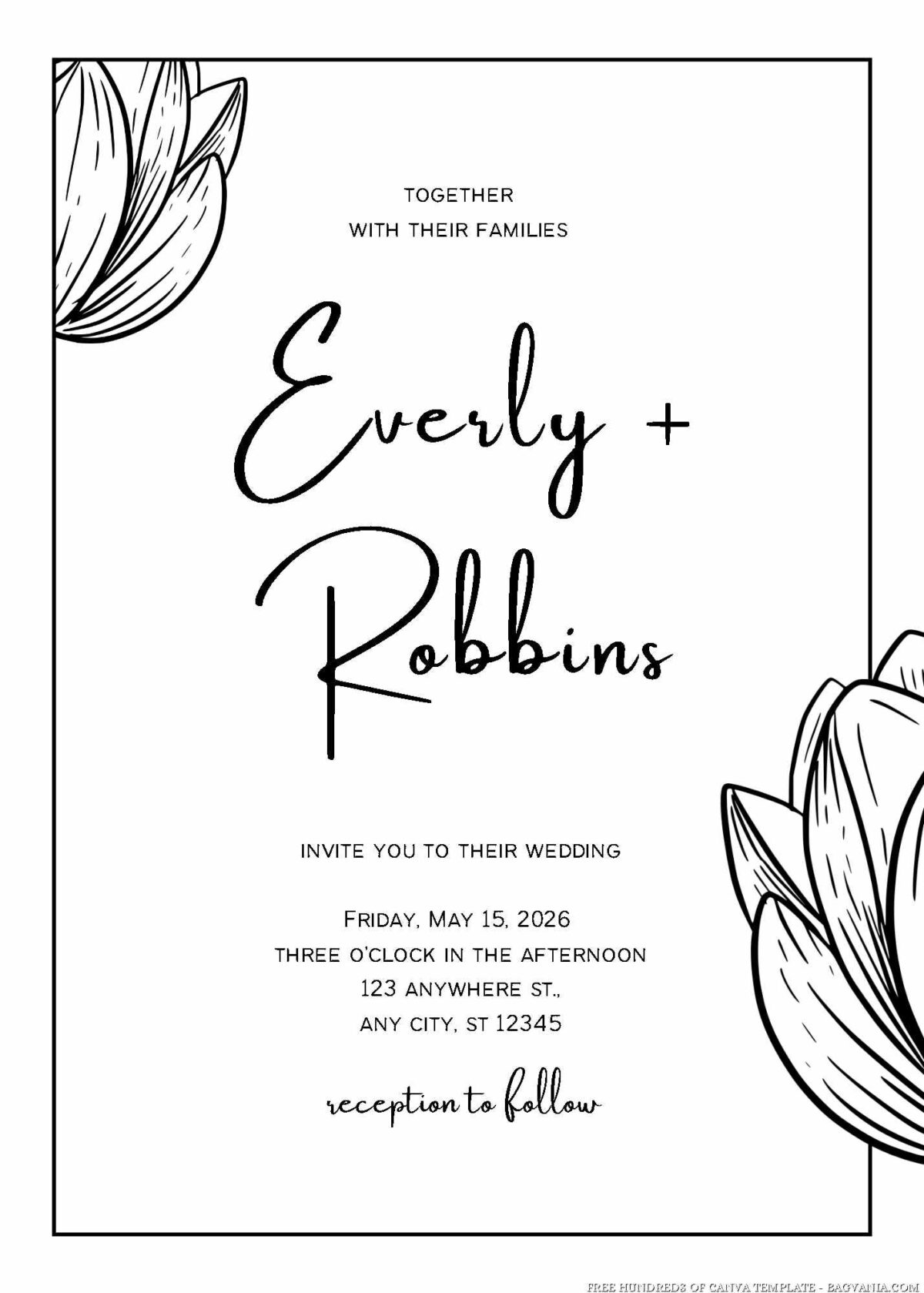 Free Editable Minimalist Realistic Floral Line Wedding Invitation
