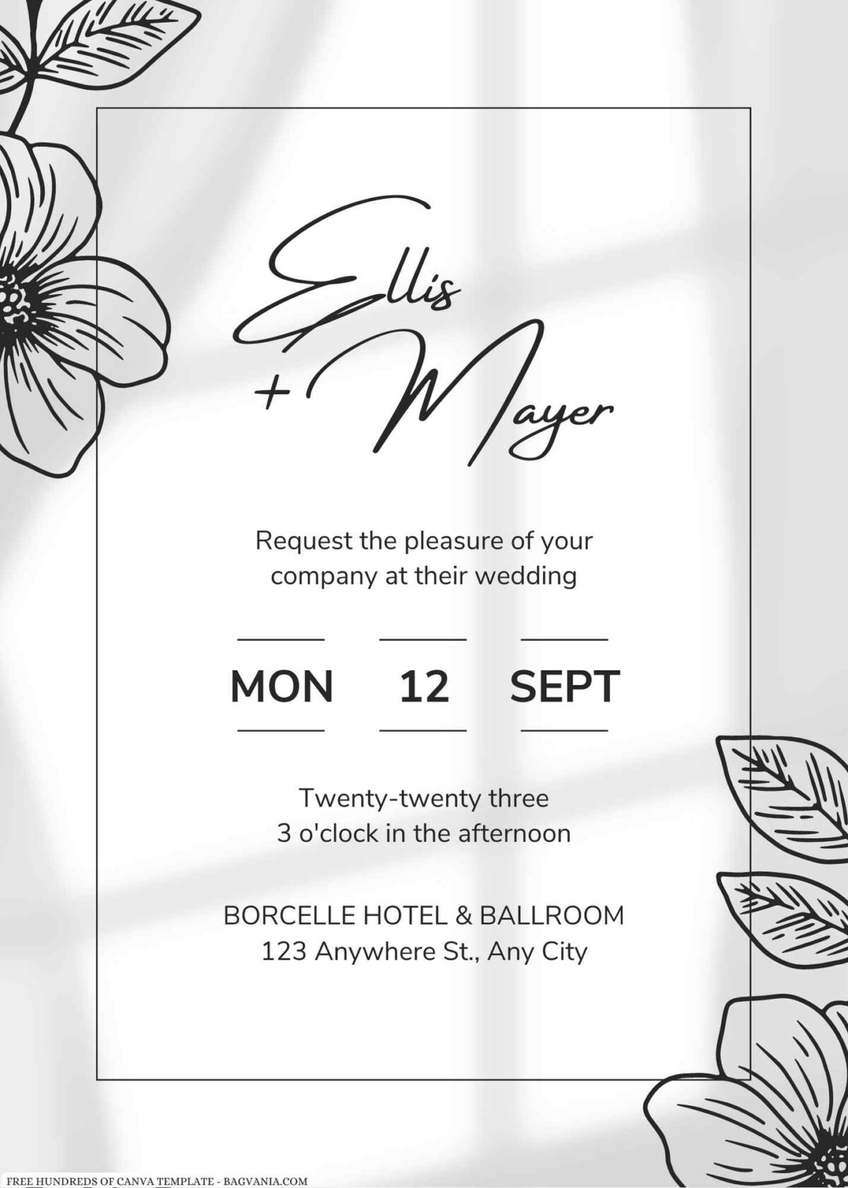 Free Editabe Minimalist Line Floral Hand Drawn Wedding Invitation