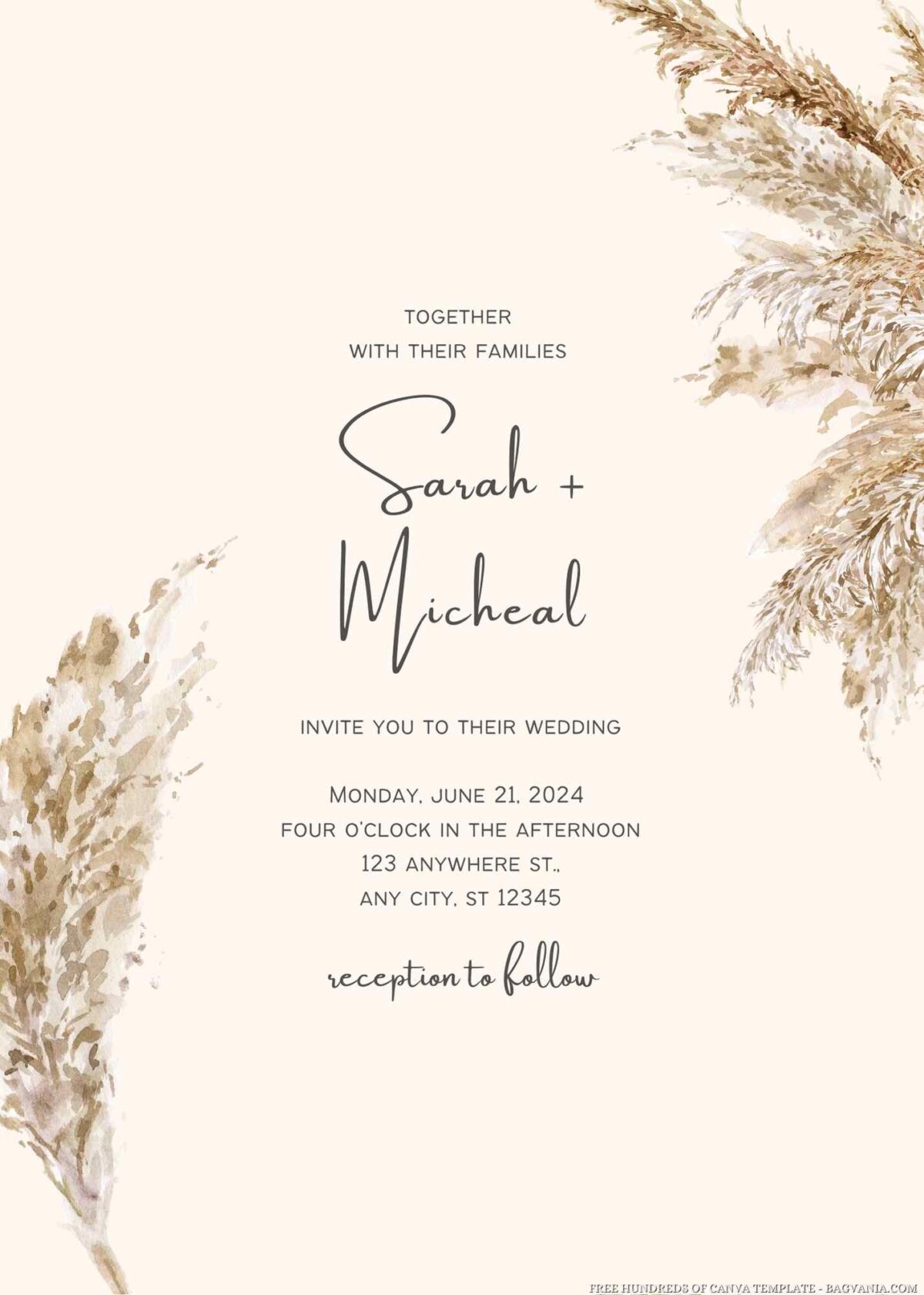 Free Editable Watercolor Pampas Grass Floral Wedding Invitation