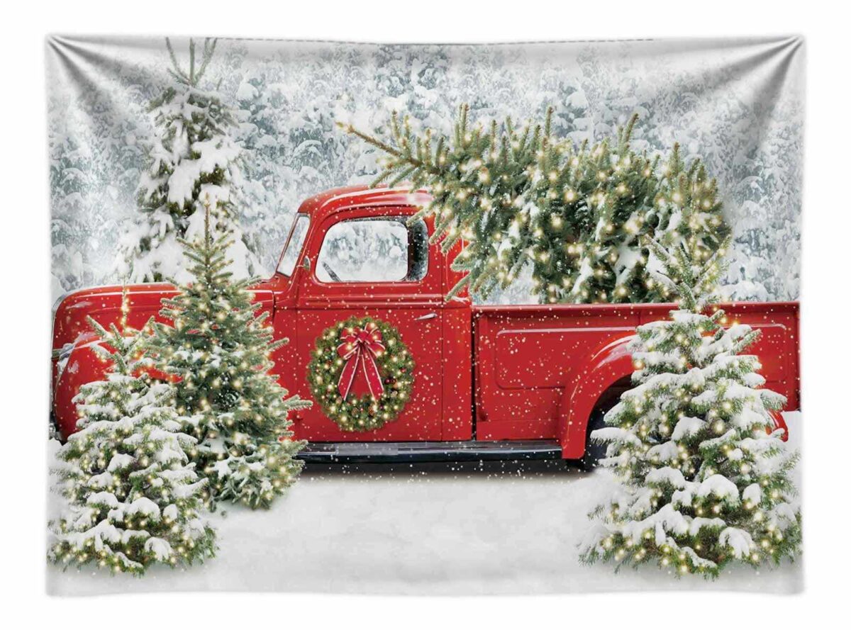 Snowy Winter Christmas Red Truck Backdrop