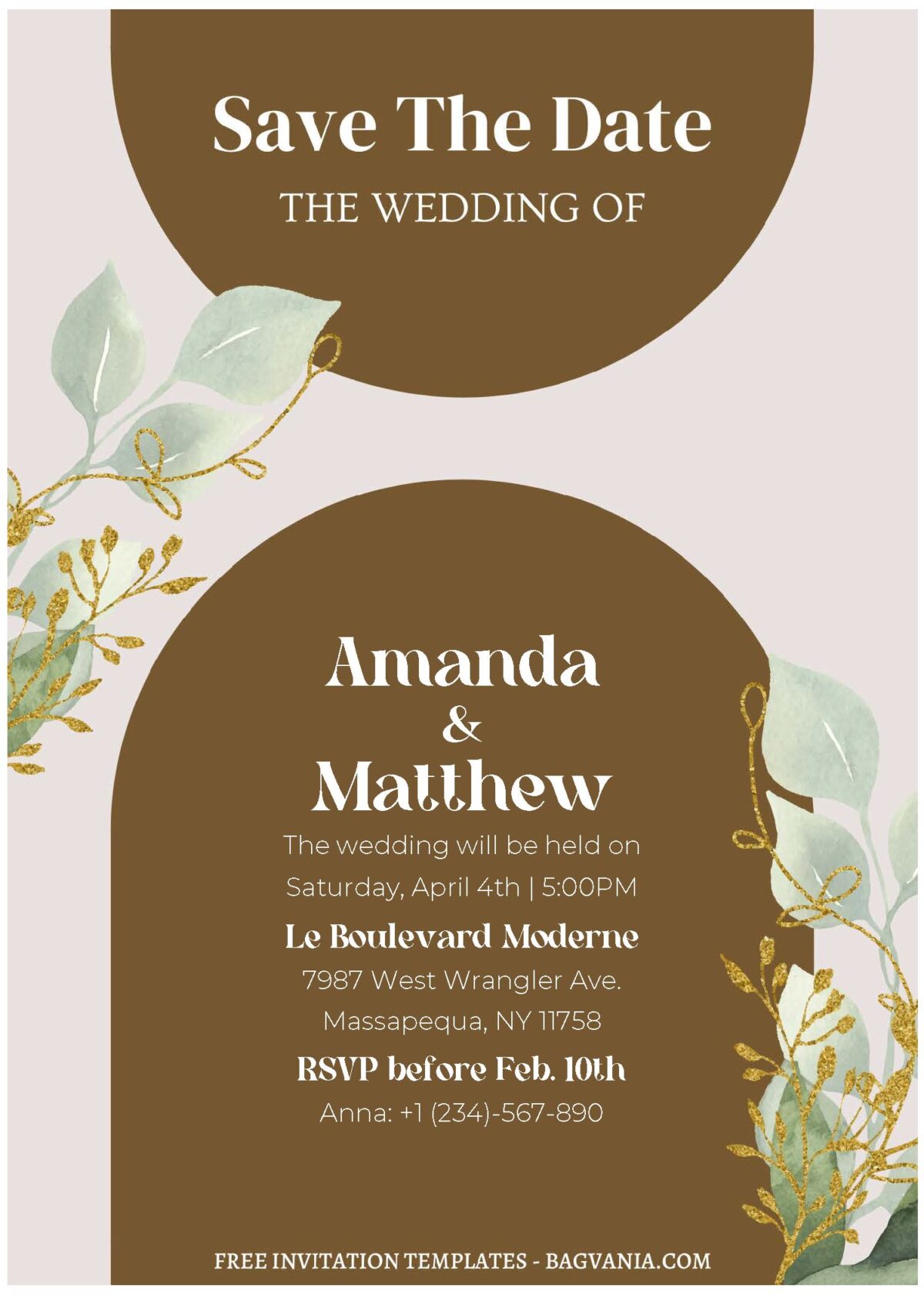 (Free Editable PDF) Modern Botanical Greenery Wedding Invitation Templates with gold greenery