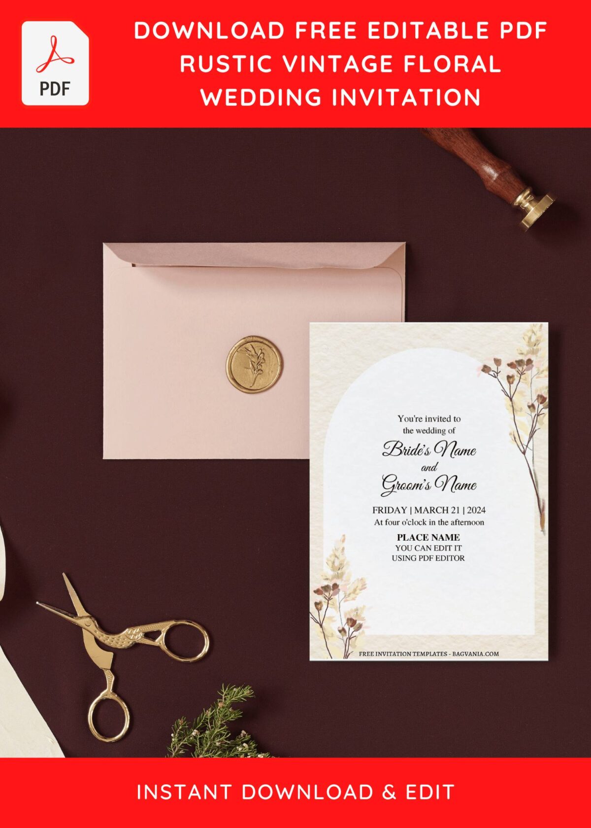(Free Editable PDF) Vintage Rustic Greenery Wedding Invitation Templates with beautiful white cherry blossom
