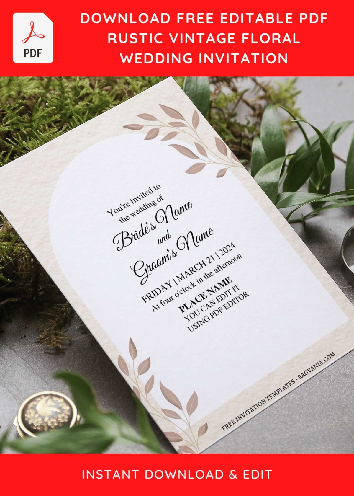 (Free Editable PDF) Vintage Rustic Greenery Wedding Invitation Templates with Boho eucalyptus