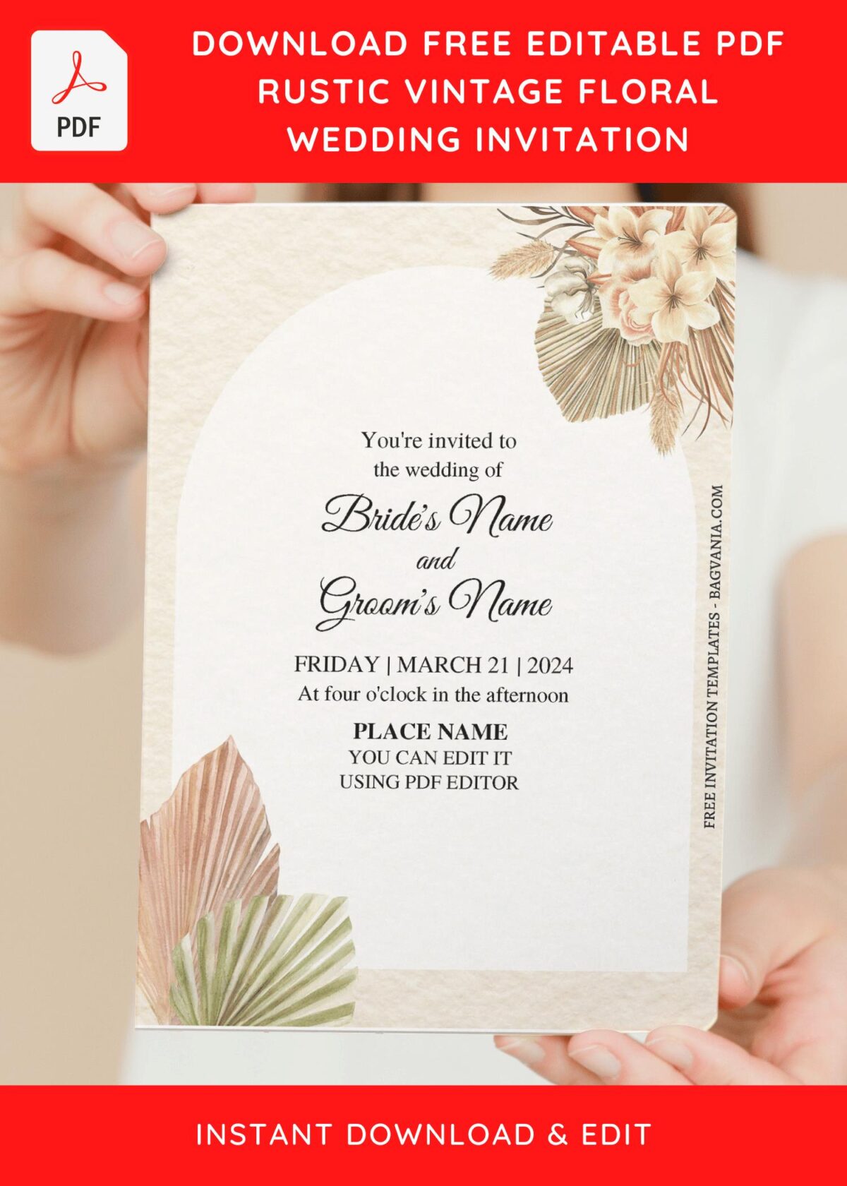(Free Editable PDF) Vintage Rustic Greenery Wedding Invitation Templates with dried pampas grass