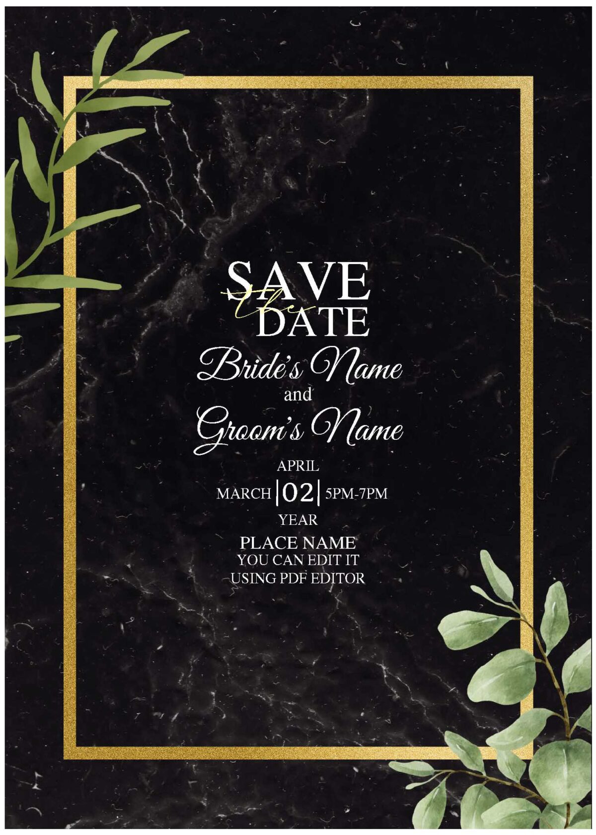 (Free Editable PDF) Whimsical Marble Greenery Wedding Invitation Templates  with stunning gold frame