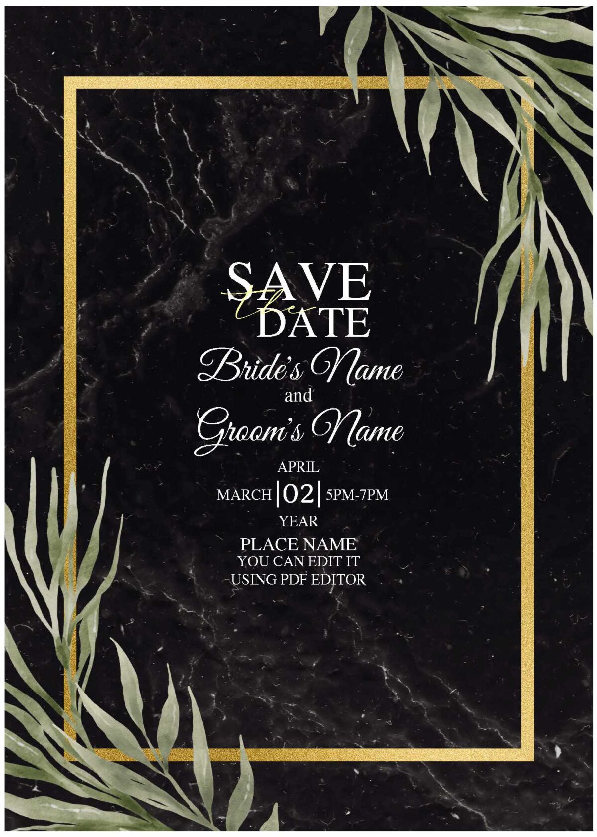 (Free Editable PDF) Whimsical Marble Greenery Wedding Invitation Templates  with black marble background