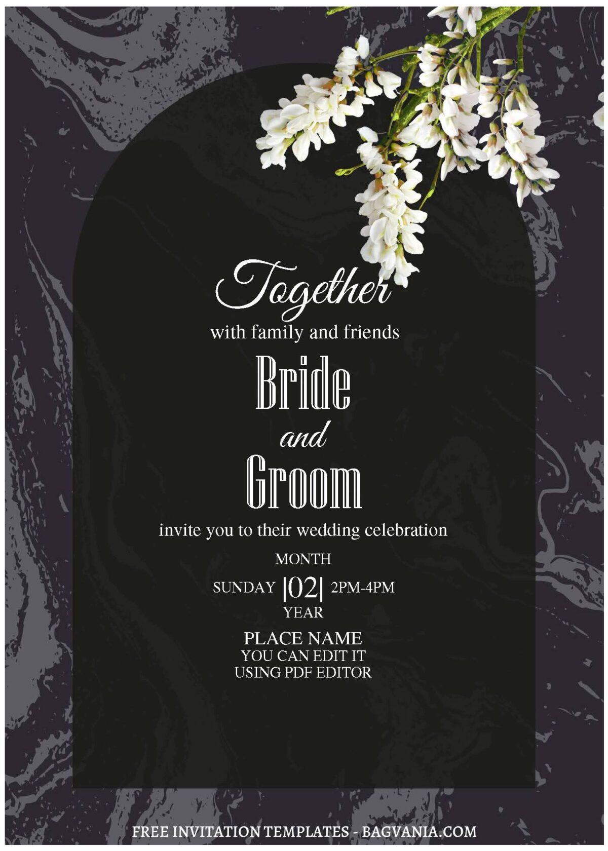 (Free Editable PDF) Luxury Black Marble Floral Wedding Invitation Templates with Japanese Sakura