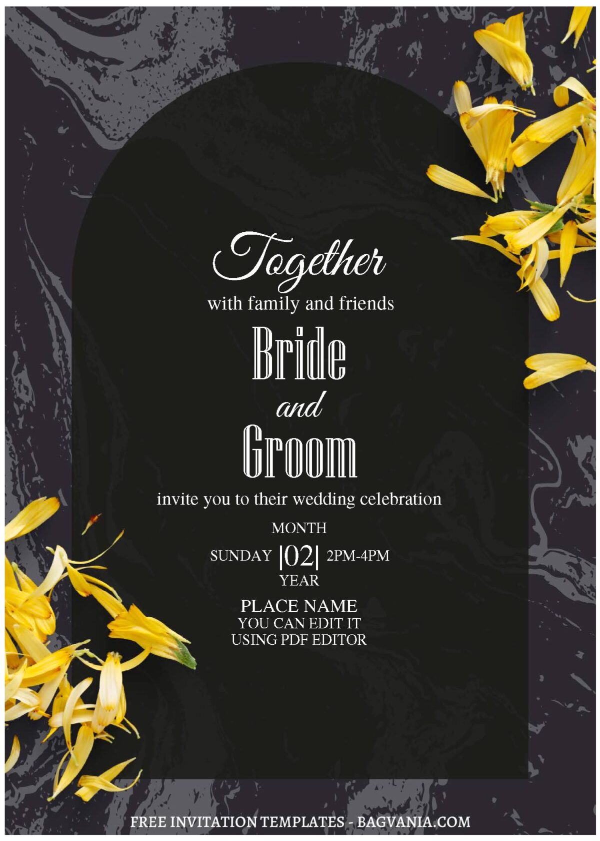 (Free Editable PDF) Luxury Black Marble Floral Wedding Invitation Templates with flower petals