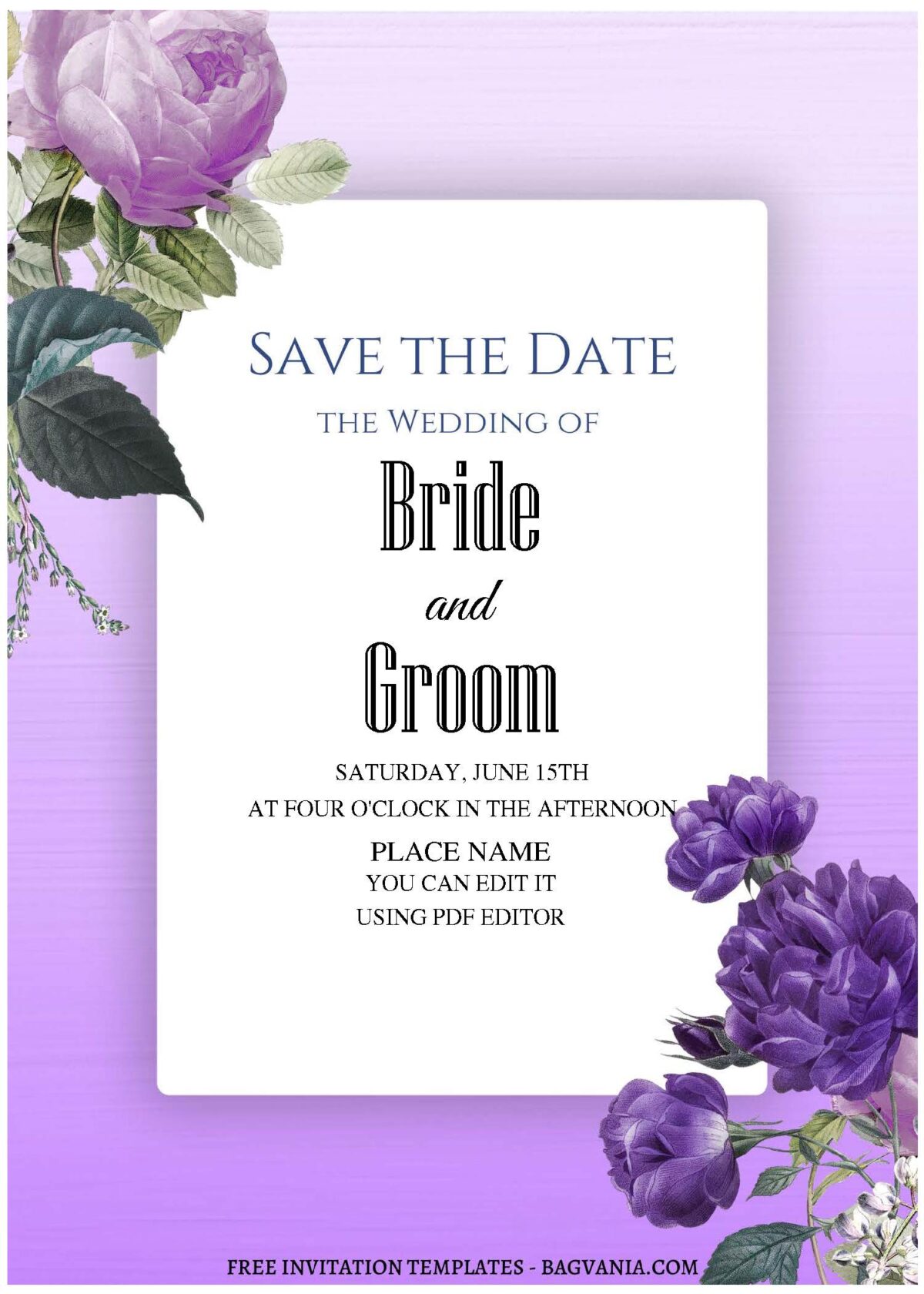 (Free Editable PDF) Dreamy Purple Flowers Wedding Invitation Templates with purple Fushcia