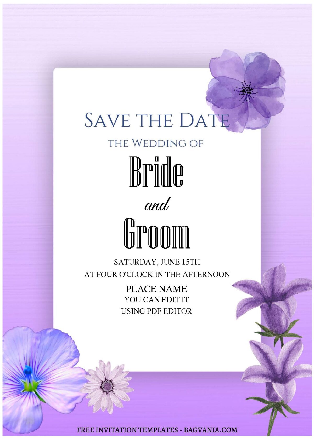 (Free Editable PDF) Dreamy Purple Flowers Wedding Invitation Templates with poppy and salvias flowers