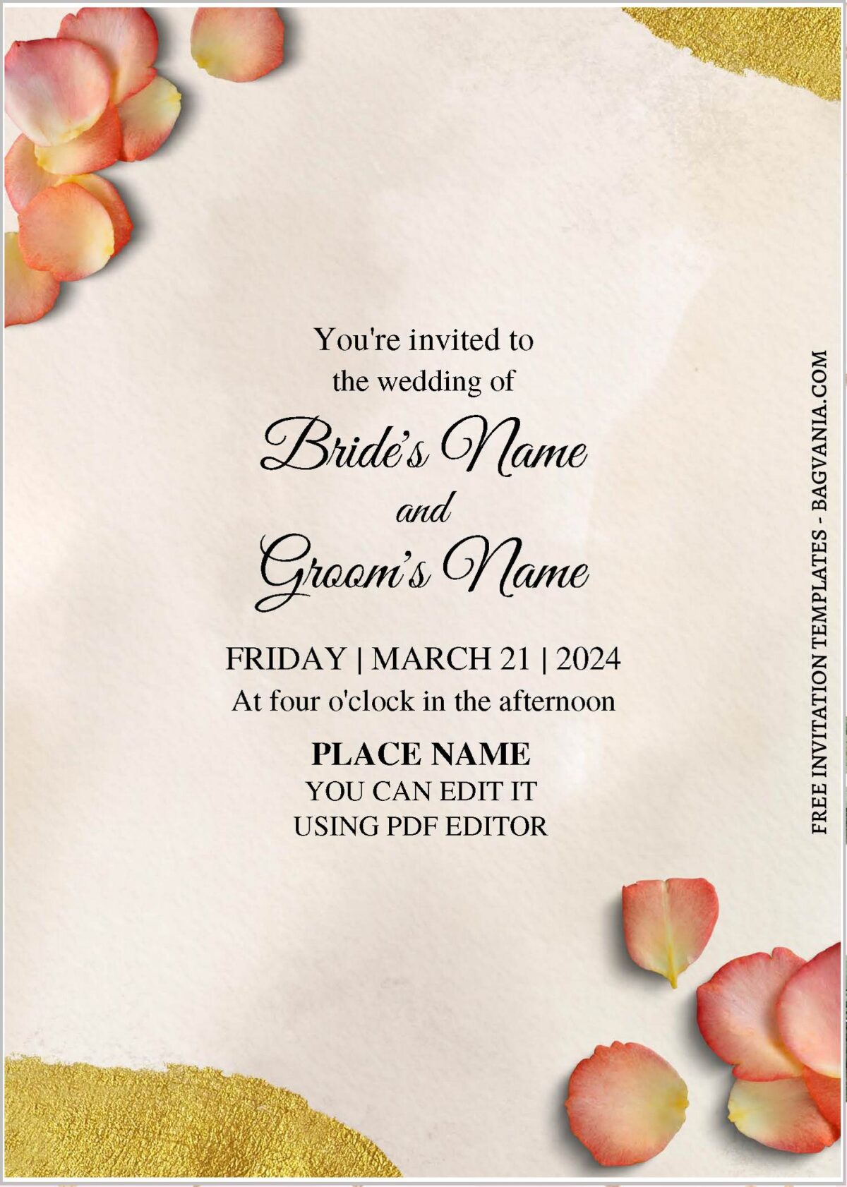 (Free Editable PDF) Stunning Botanical Gold Wedding Invitation Templates  with blush watercolor background