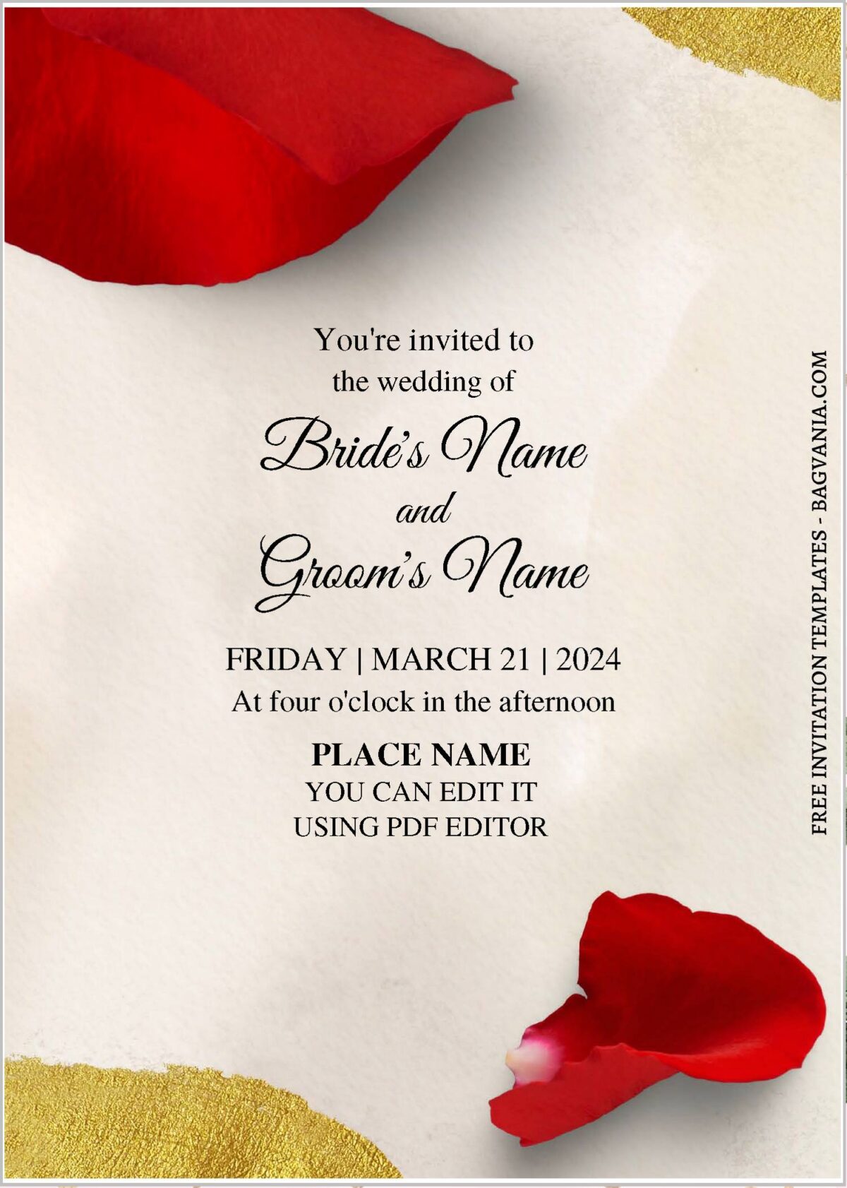 (Free Editable PDF) Stunning Botanical Gold Wedding Invitation Templates  with rose petals