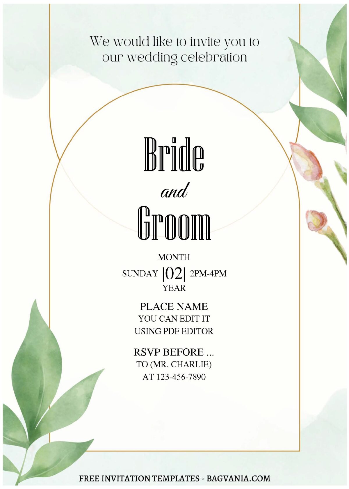 (Free Editable PDF) Modern Glam Greenery Wedding Invitation Templates  with editable text