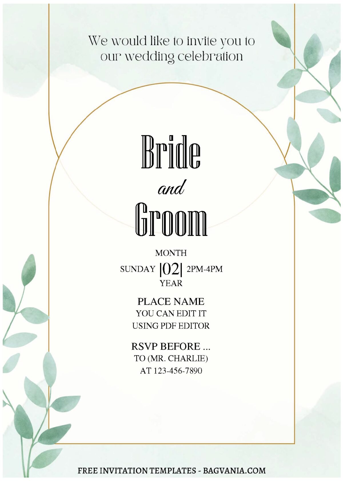 (Free Editable PDF) Modern Glam Greenery Wedding Invitation Templates  with minimalist arch frames