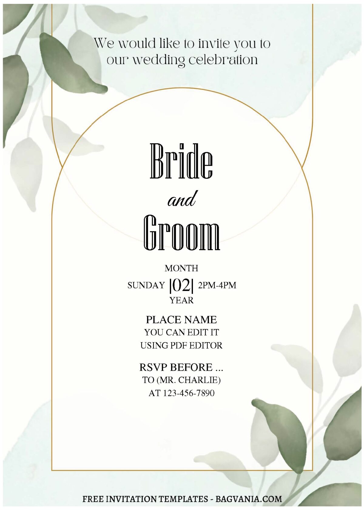 (Free Editable PDF) Modern Glam Greenery Wedding Invitation Templates  with watercolor eucalyptus