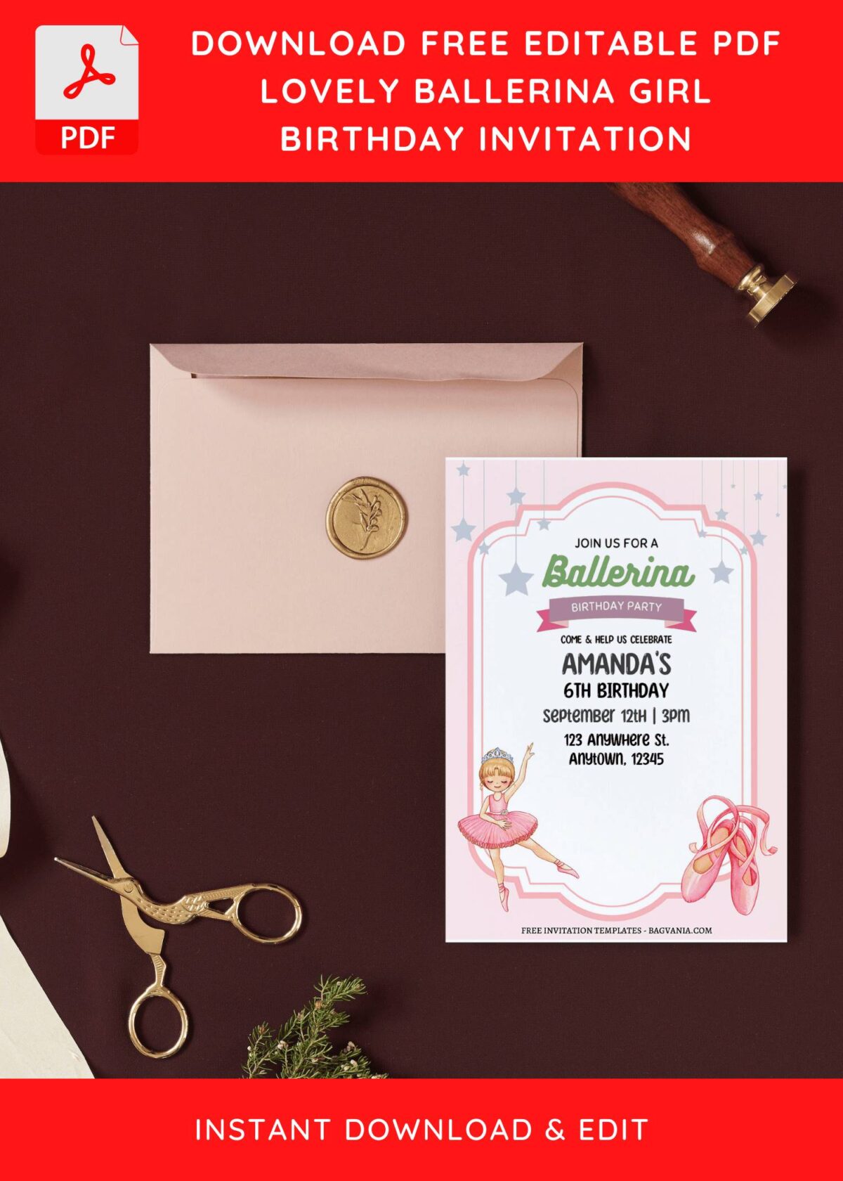 (Free Editable PDF) Graceful Ballerina Girls Birthday Invitation Templates I