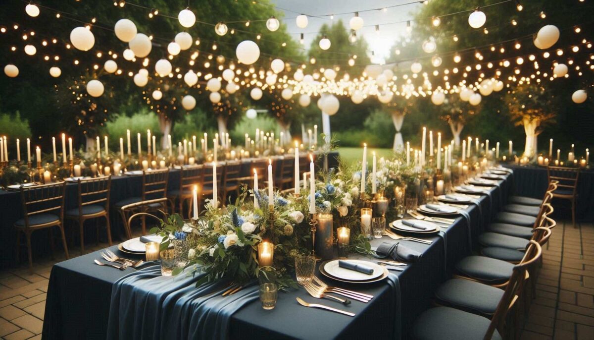 long tables draped in navy linens amd gold candle holders