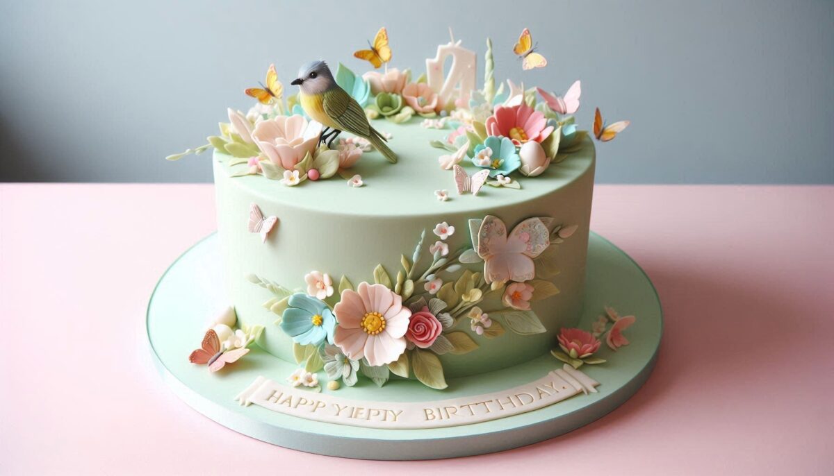 a simple cake with edible sugar flowers and bird