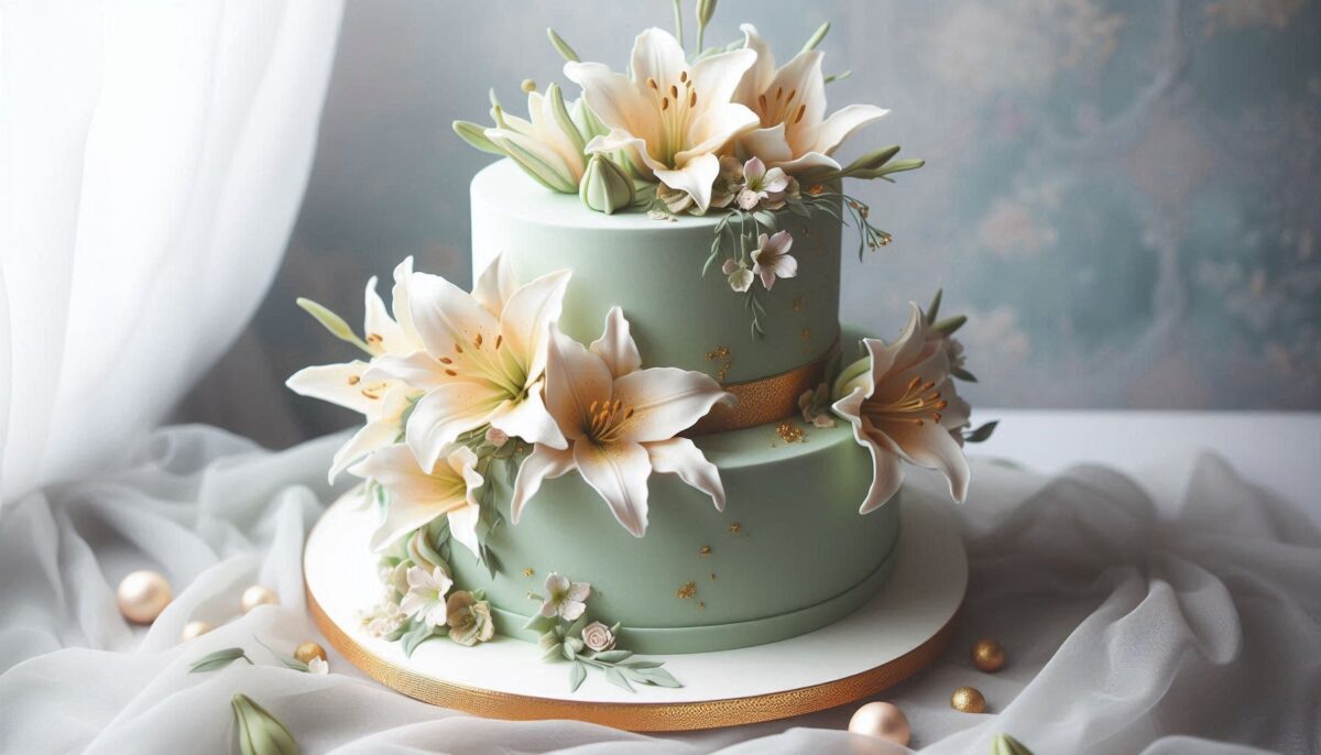 2 tiered cake with edible lily sugar flowers