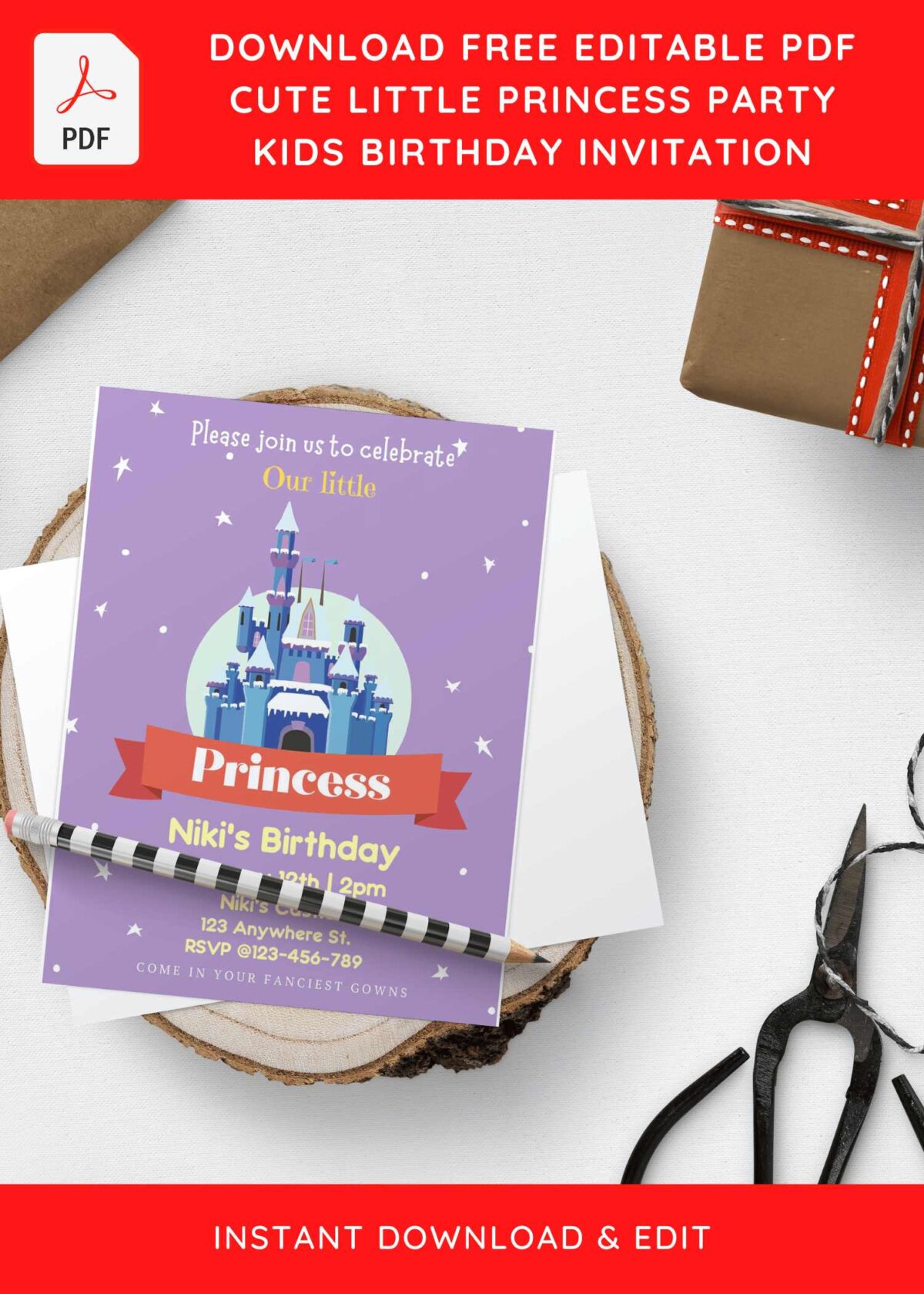 (Free Editable PDF) Little Princess Castle Birthday Invitation Templates H