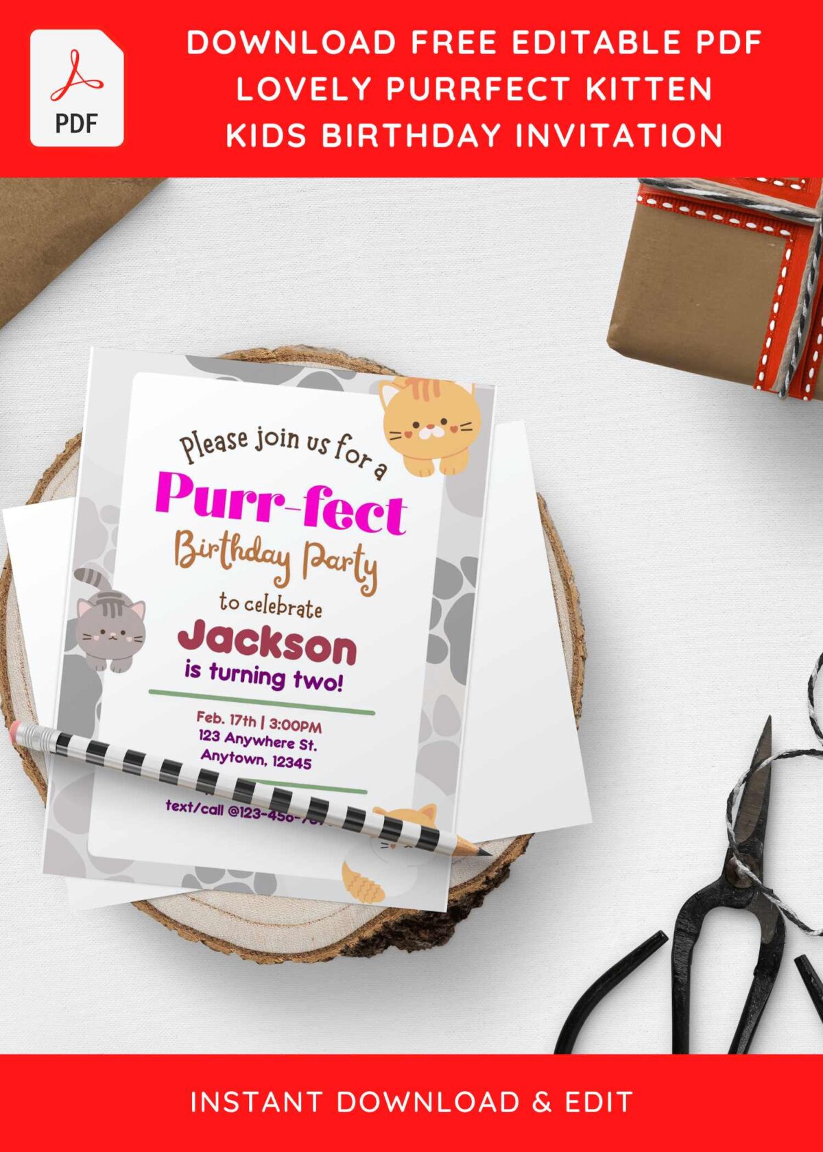 (Free Editable PDF) PURR-FECT Kitten Birthday Invitation Templates
