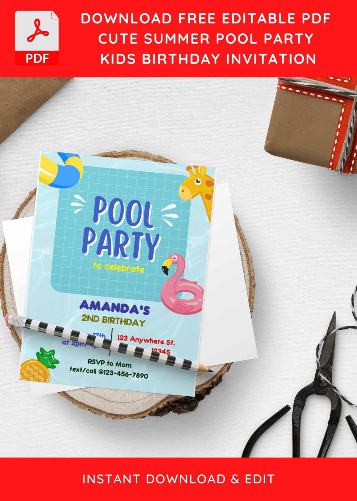 (Free Editable PDF) Adorable Cartoon Pool Kids Birthday Invitation Templates H