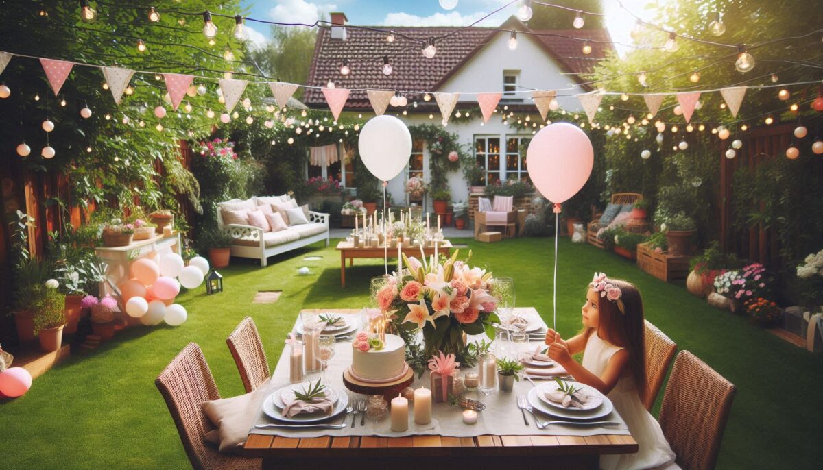 hanging string lights and balloons