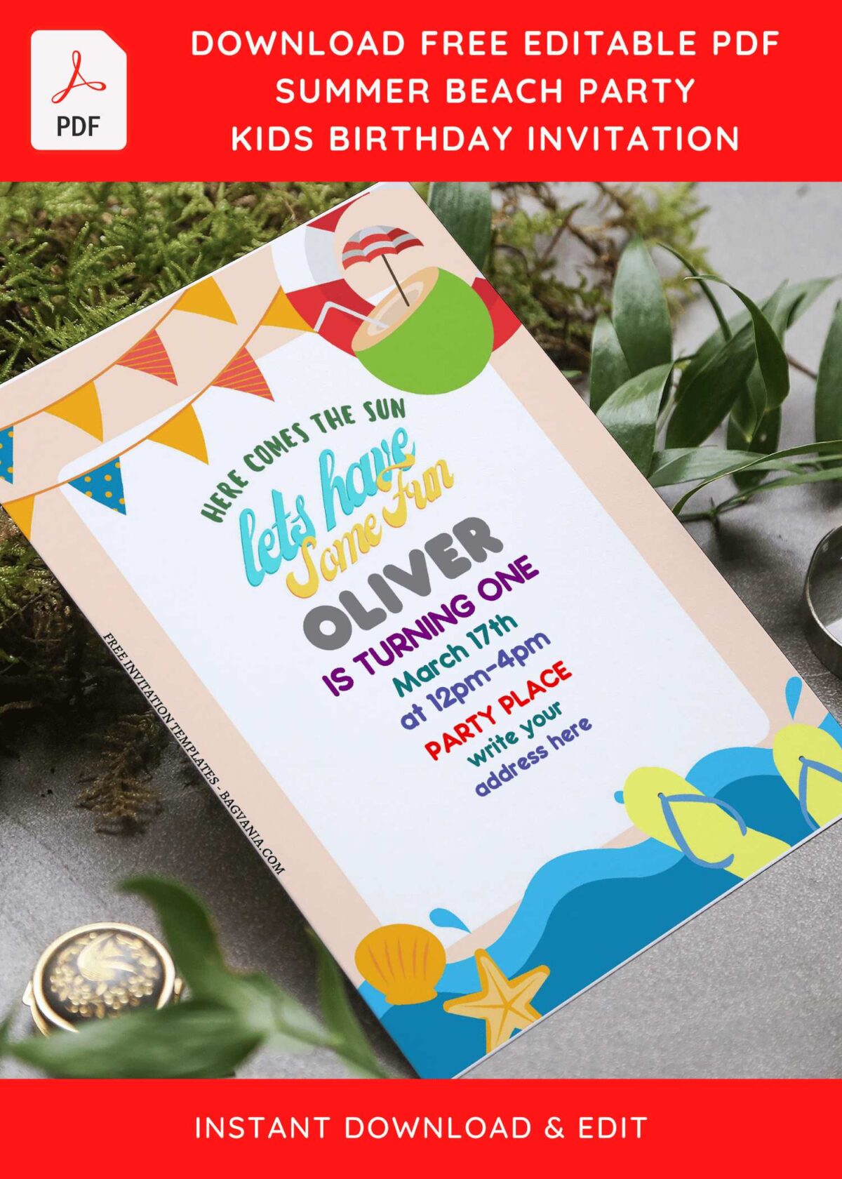 (Free Editable PDF) Lovely Summer Beach Birthday Invitation Templates with colorful bunting flag