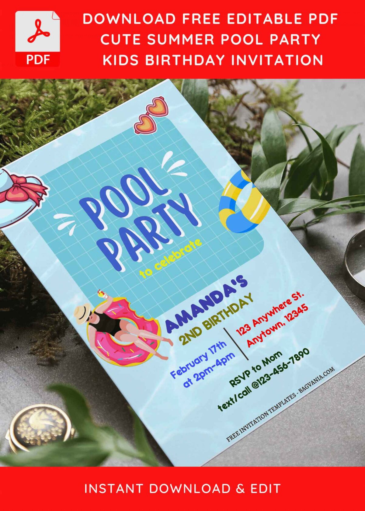 (Free Editable PDF) Adorable Cartoon Pool Kids Birthday Invitation Templates F
