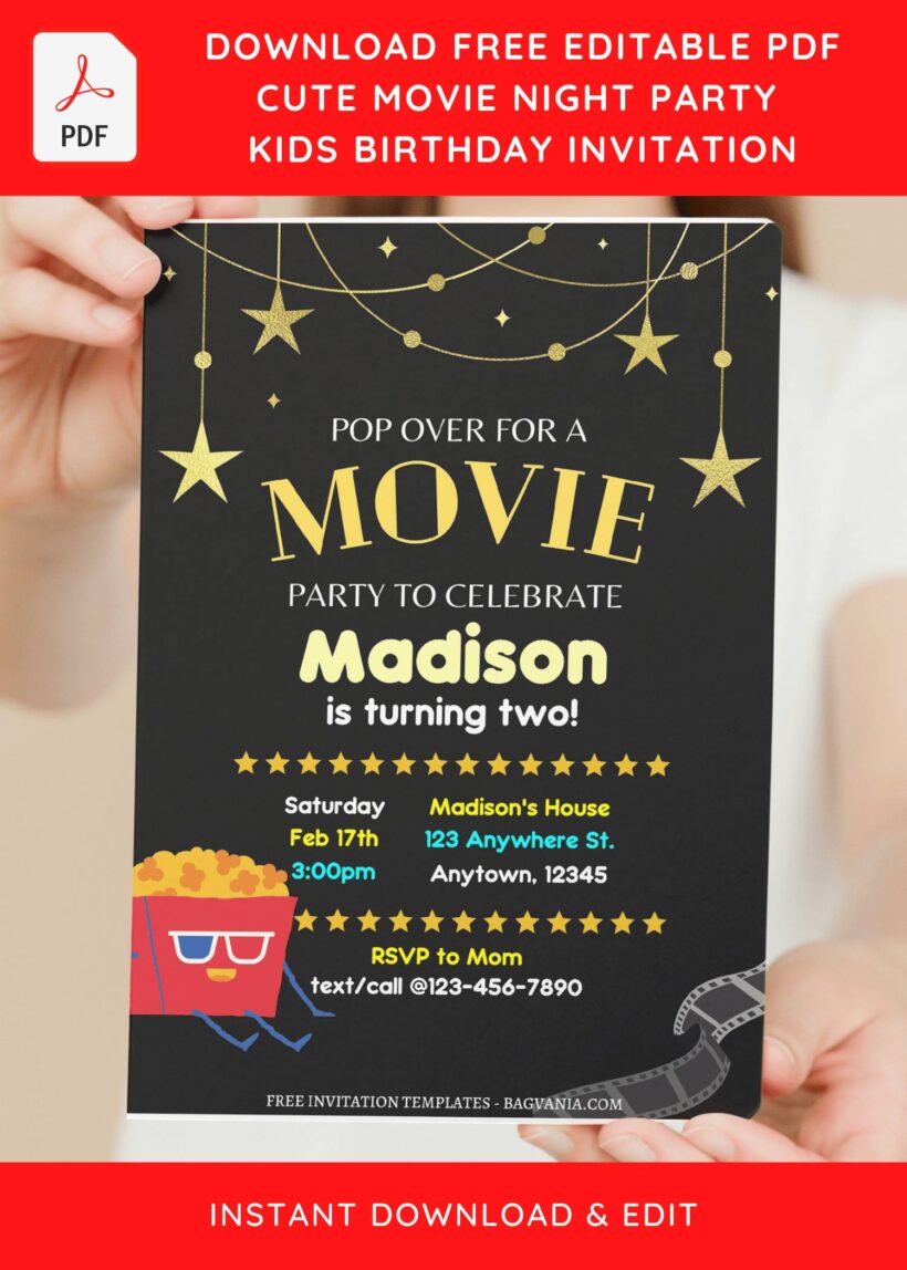 (Free Editable PDF) Unforgettable Movie Night Birthday Invitation ...