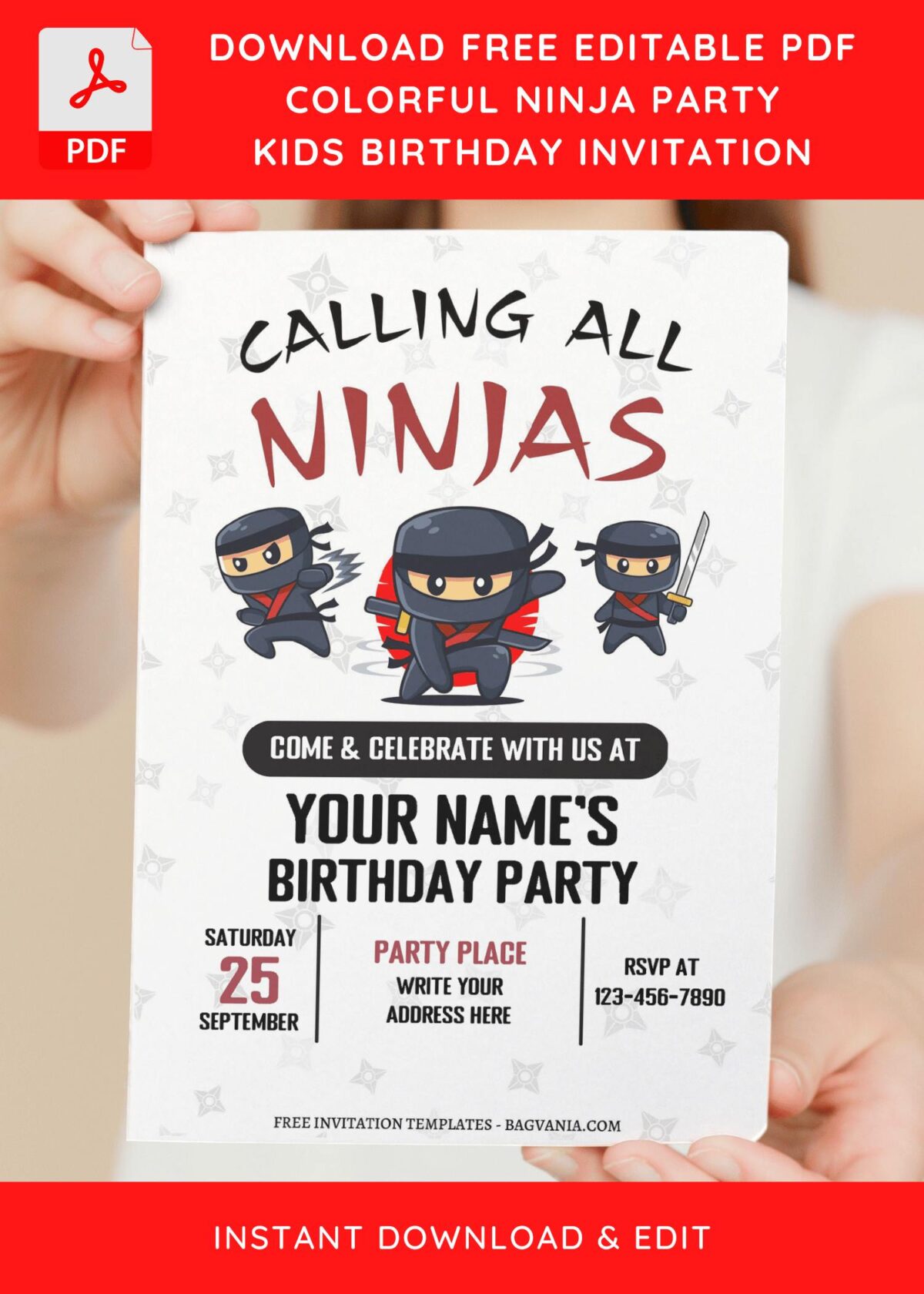 (Free Editable PDF) Super Fun Ninja Kids Birthday Invitation Templates with colorful text