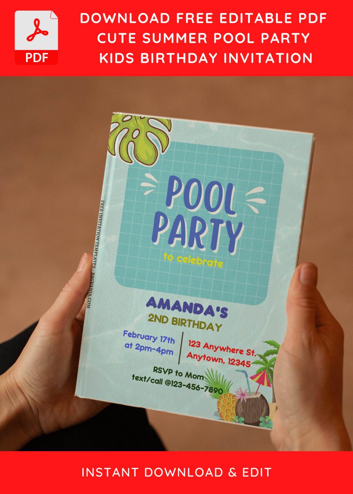 (Free Editable PDF) Adorable Cartoon Pool Kids Birthday Invitation Templates with adorable cartoon palm tree