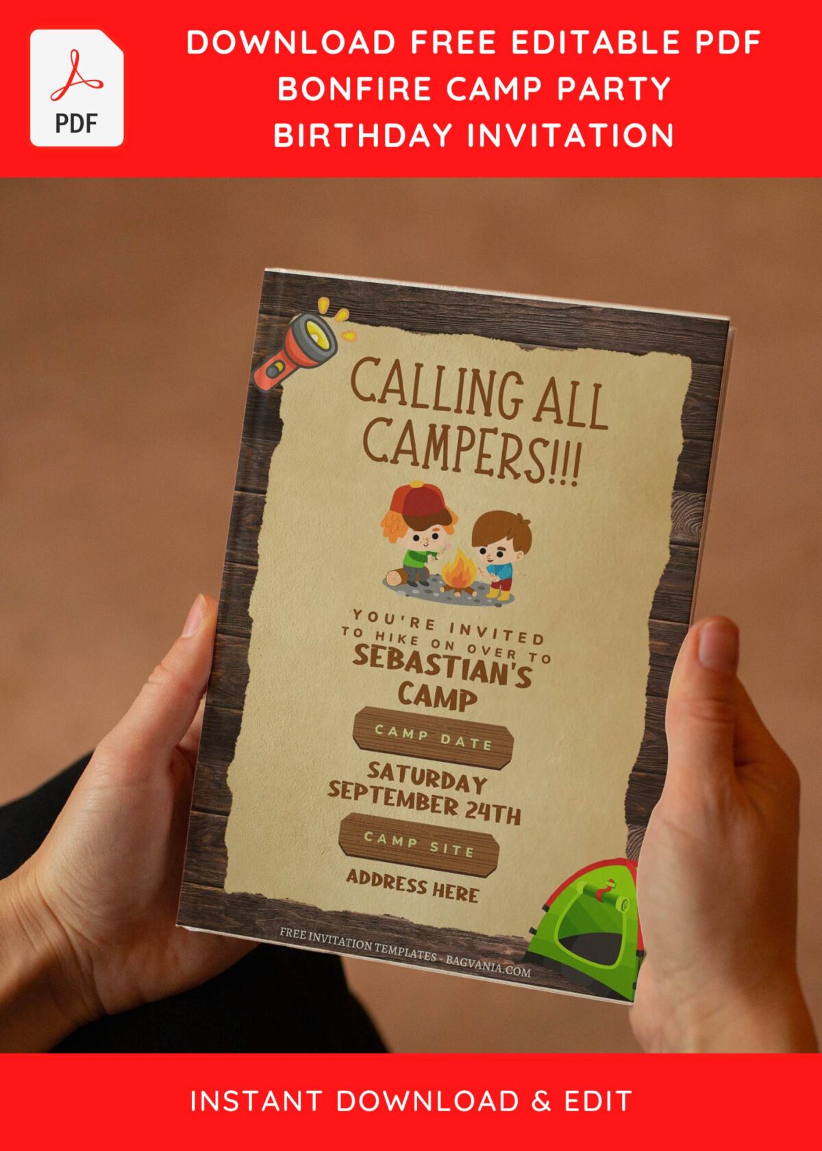 (Free Editable PDF) Camping Kids Birthday Invitation Templates with vintage torn paper