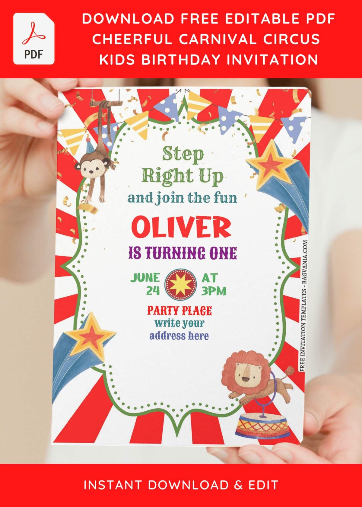 (Free Editable PDF) Cute Vintage Circus Birthday Invitation Templates with colorful bunting flags