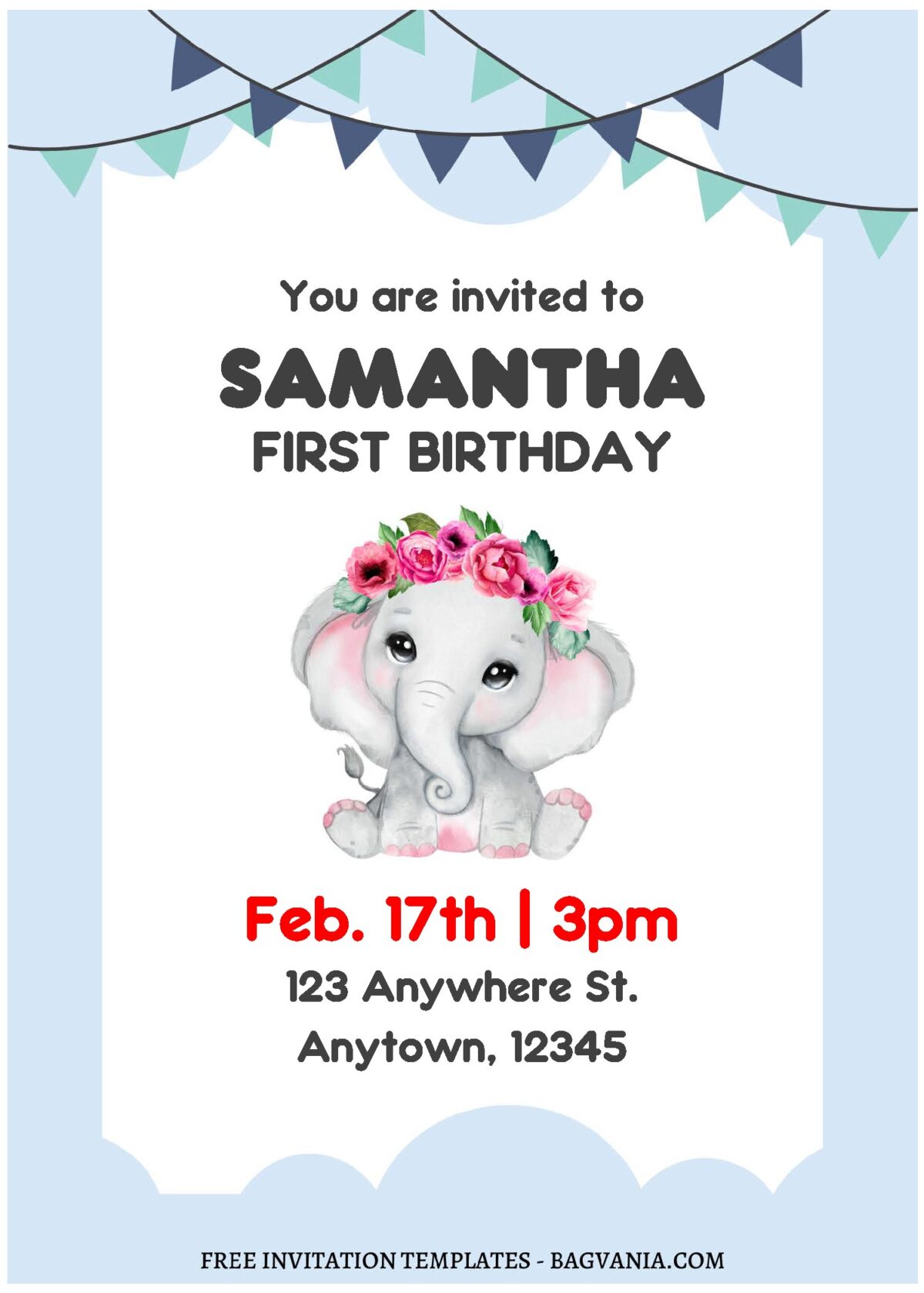 (Free Editable PDF) Watercolor Baby Elephant Birthday Invitation Templates A