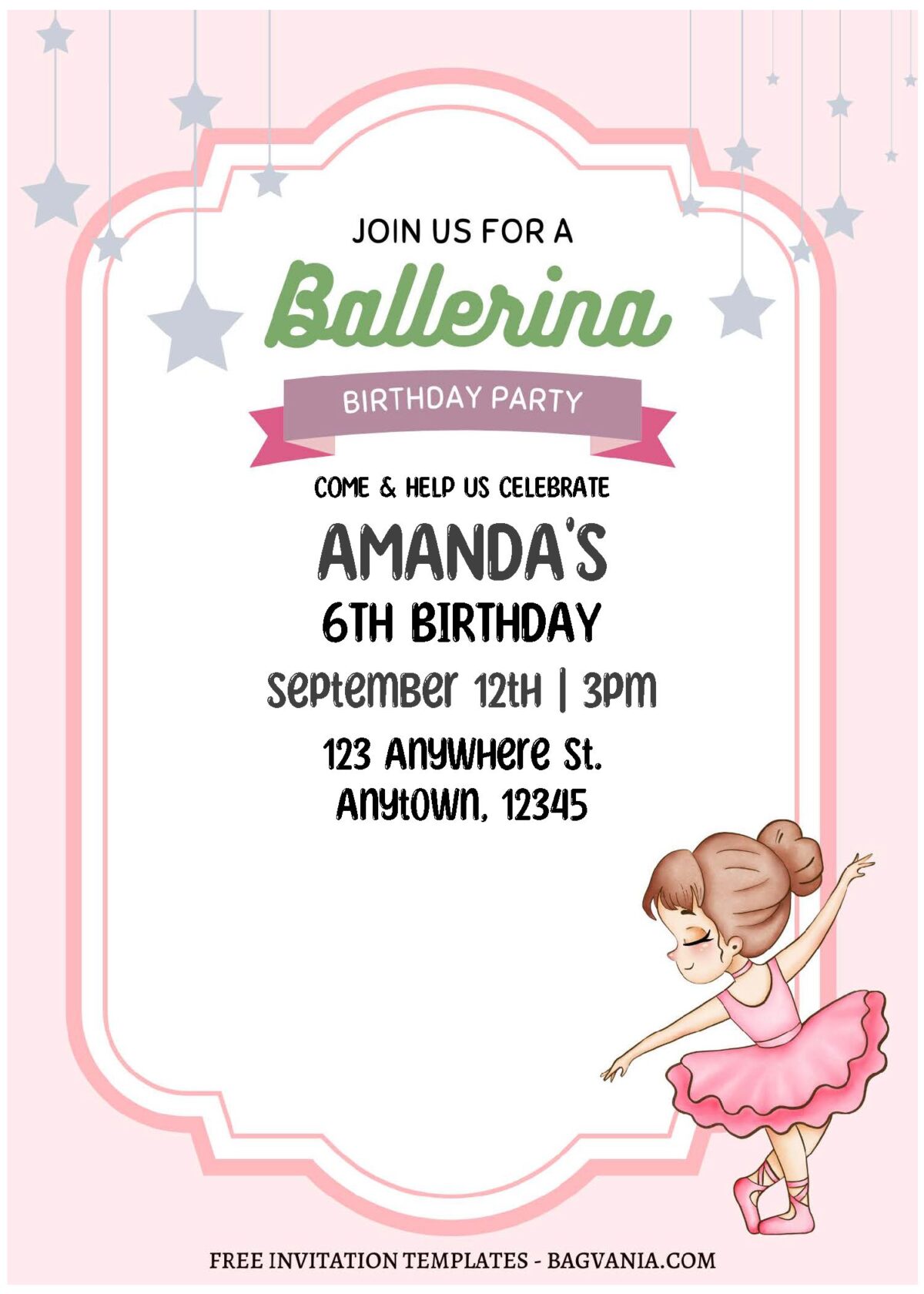 (Free Editable PDF) Graceful Ballerina Girls Birthday Invitation Templates A