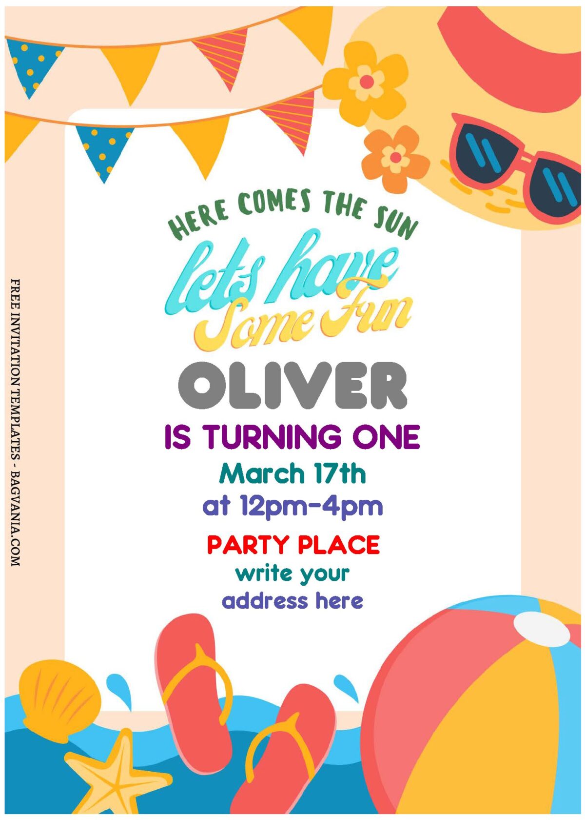 (Free Editable PDF) Lovely Summer Beach Birthday Invitation Templates with beach ball and sunglasses