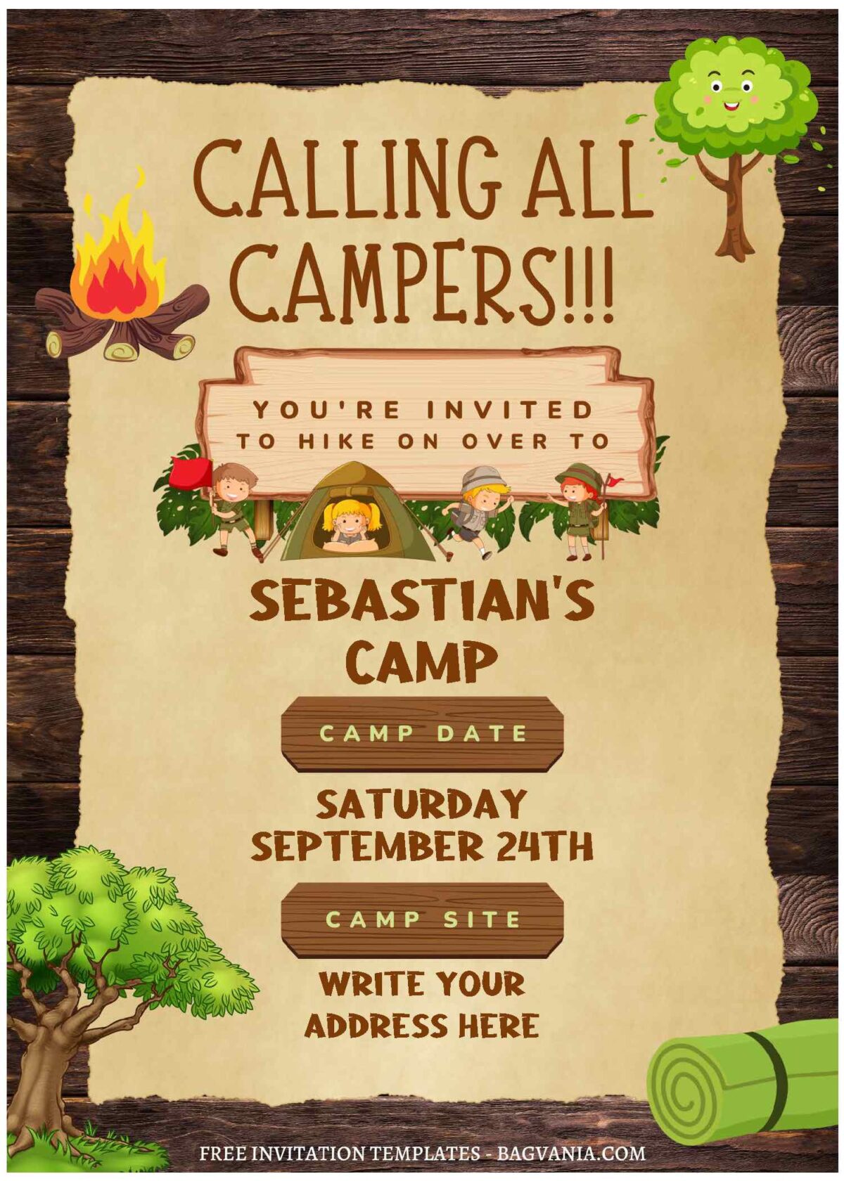 (Free Editable PDF) Camping Kids Birthday Invitation Templates with wooden background