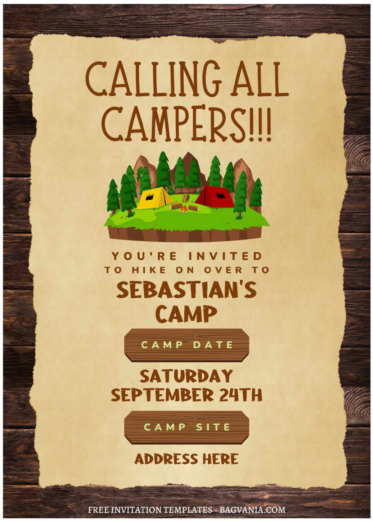 (Free Editable PDF) Camping Kids Birthday Invitation Templates with camping site