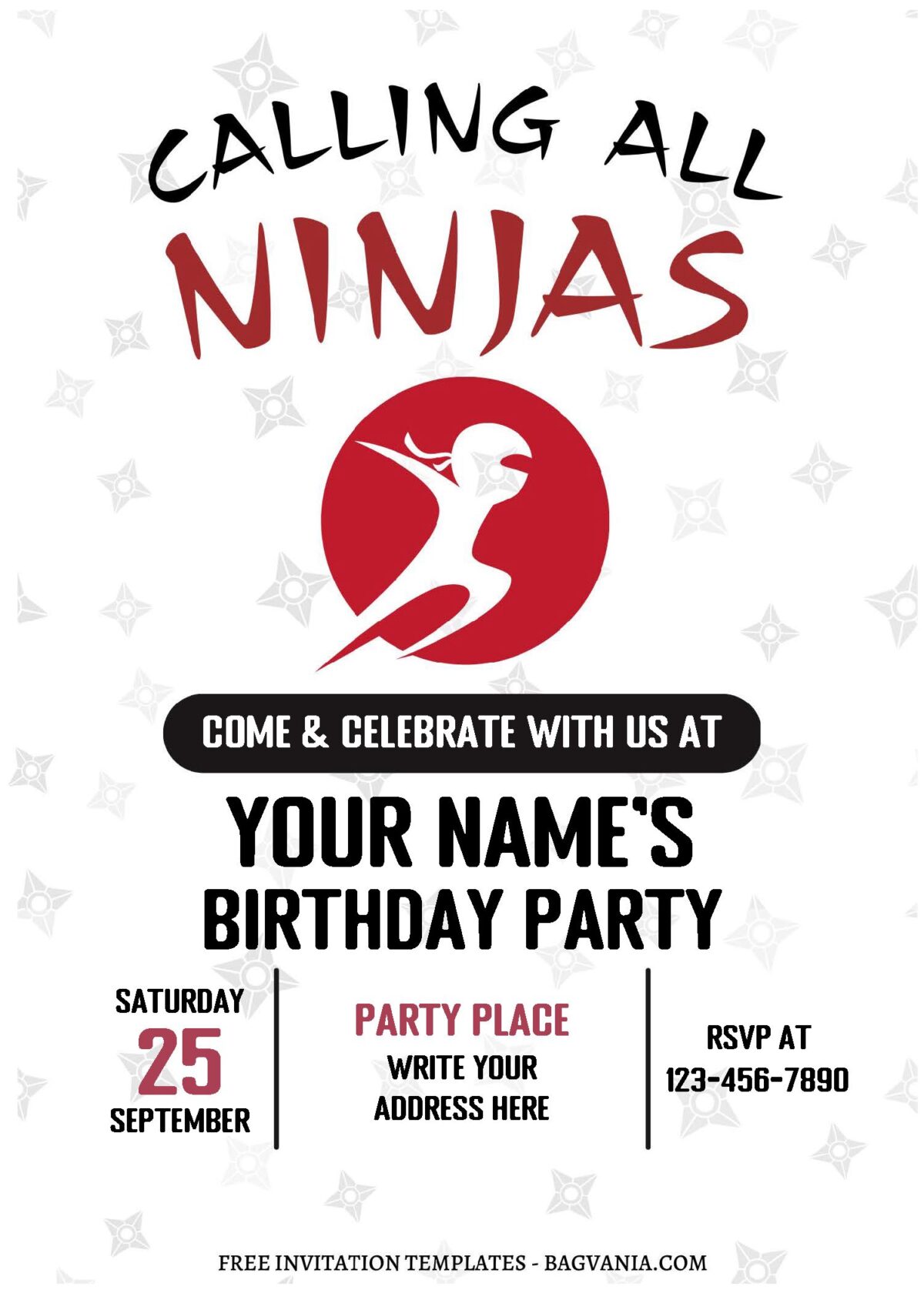 (Free Editable PDF) Super Fun Ninja Kids Birthday Invitation Templates with cute wording