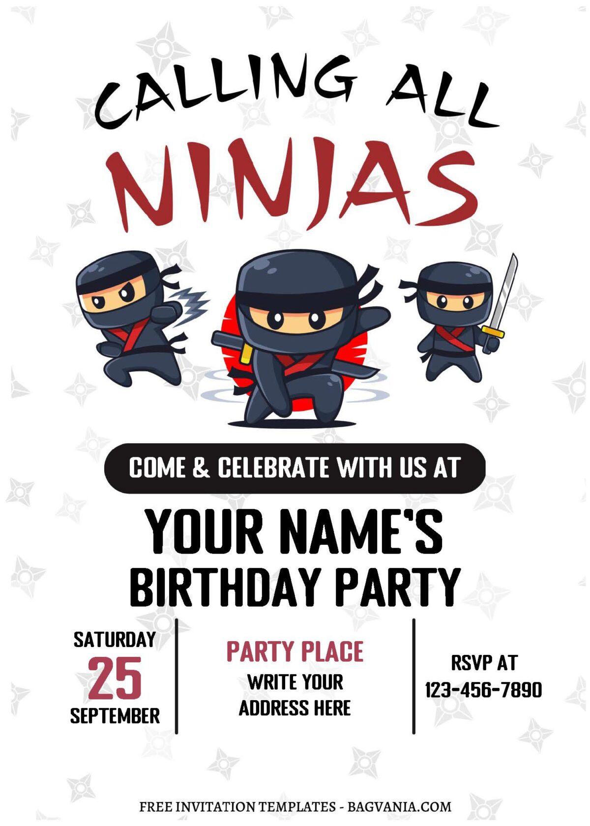 (Free Editable PDF) Super Fun Ninja Kids Birthday Invitation Templates with shuriken background