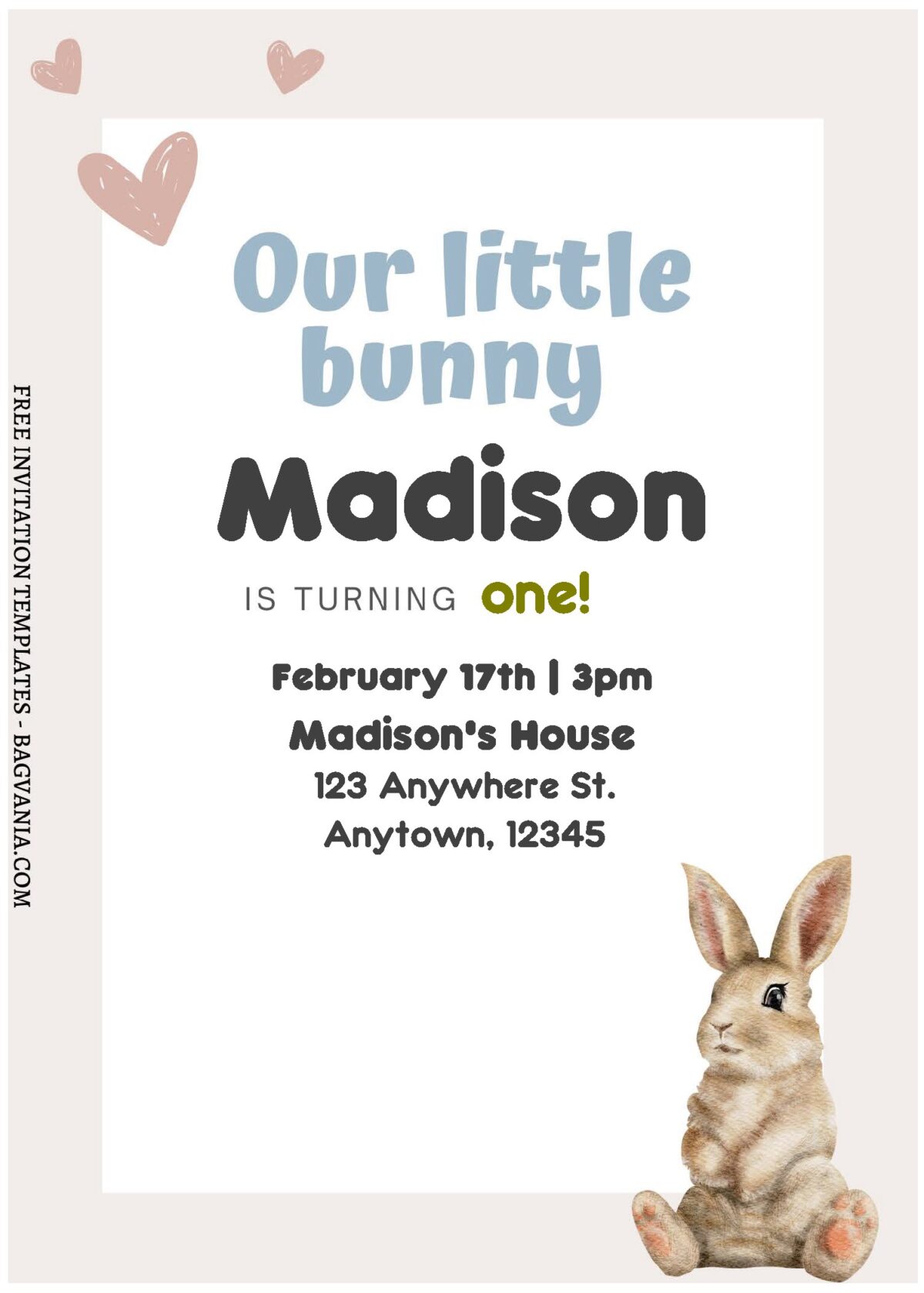 (Free Editable PDF) Lovely Cute Bunny Birthday Invitation Templates C