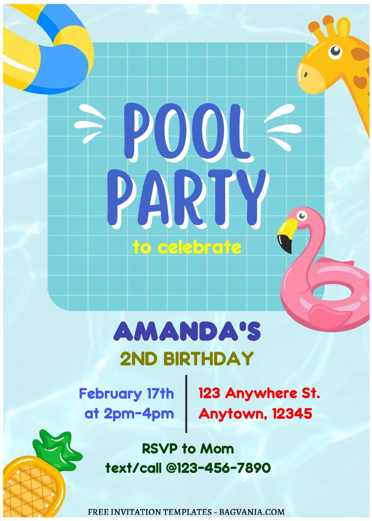 (Free Editable PDF) Adorable Cartoon Pool Kids Birthday Invitation Templates with pink flamingo
