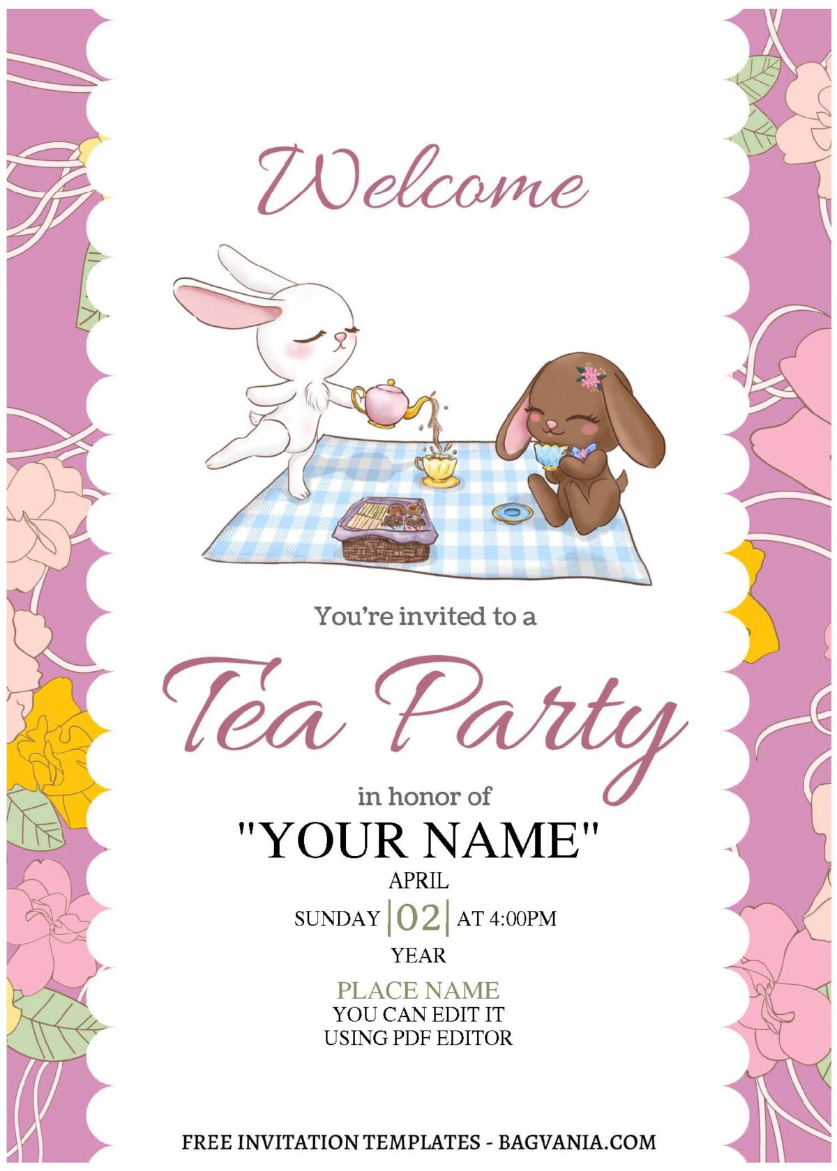 (Free Editable PDF) Vintage Bunny Tea Birthday Party Invitation Templates C