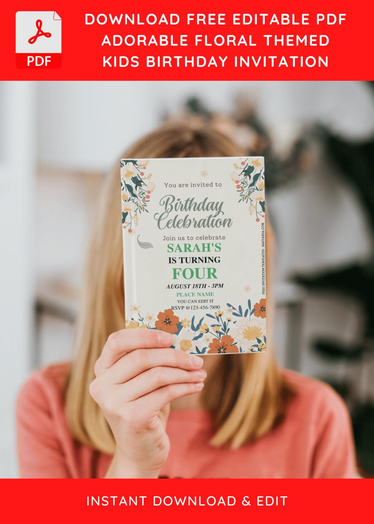 (Free Editable PDF) Graceful Floral Kids Birthday Invitation Templates J