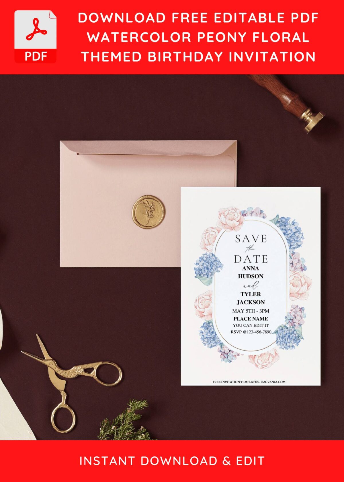 (Free Editable PDF) Simply Stunning Peony Wedding Invitation Templates I