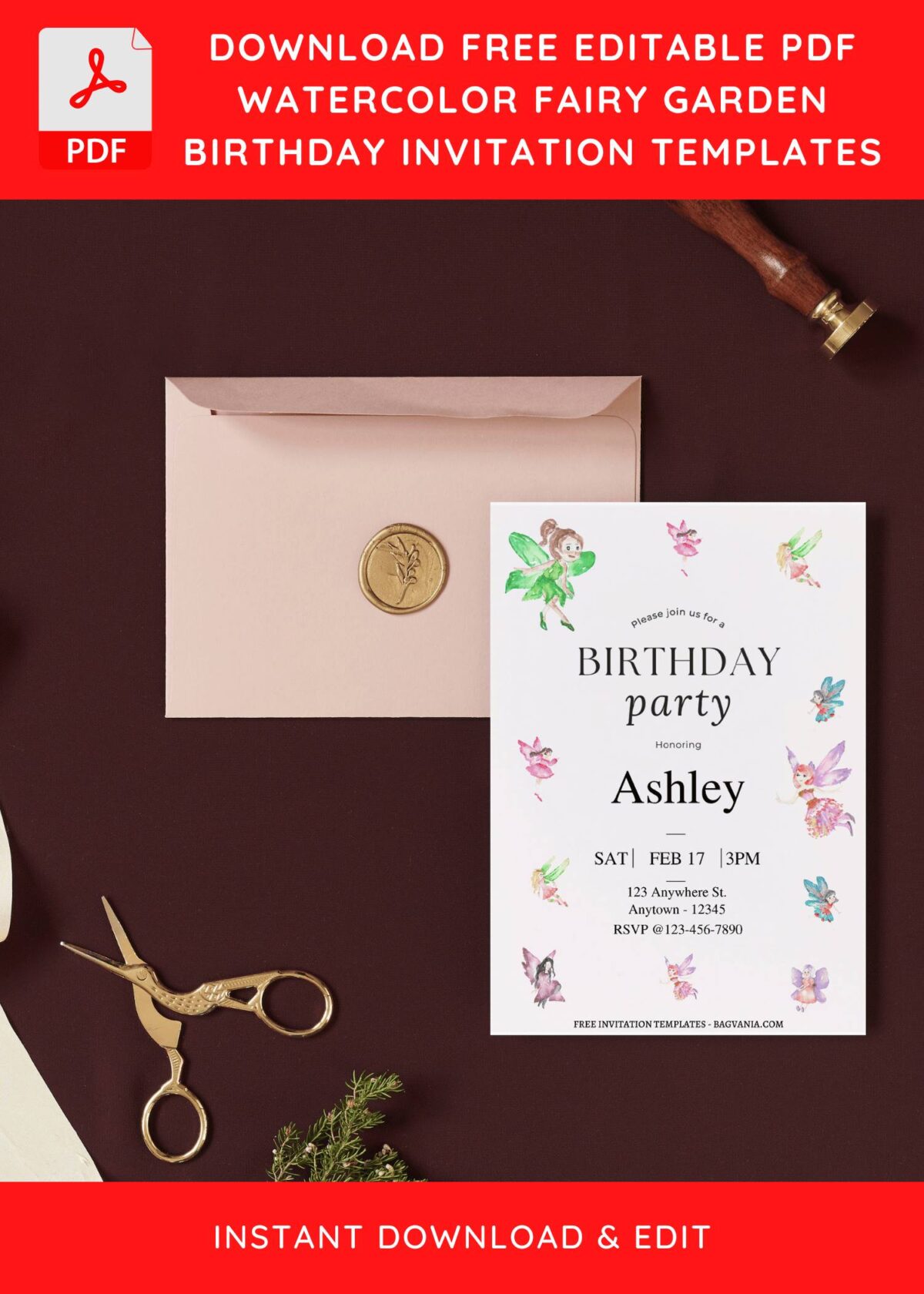 (Free Editable PDF) Simply Cute Watercolor Fairy Birthday Invitation Templates I